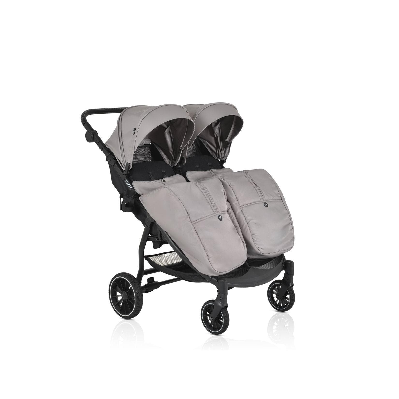 Moni Zwillingskinderwagen TwinGo Grau mit Getränkehalter und Fußabdeckung