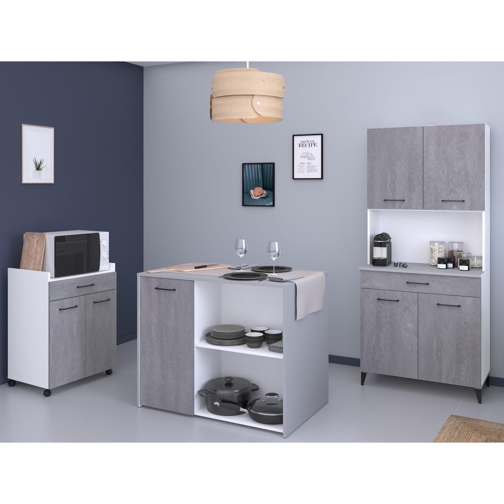 Parisot Malice 5 Schrank-Set Buffet Insel auf Rollen Grau Beton Optik