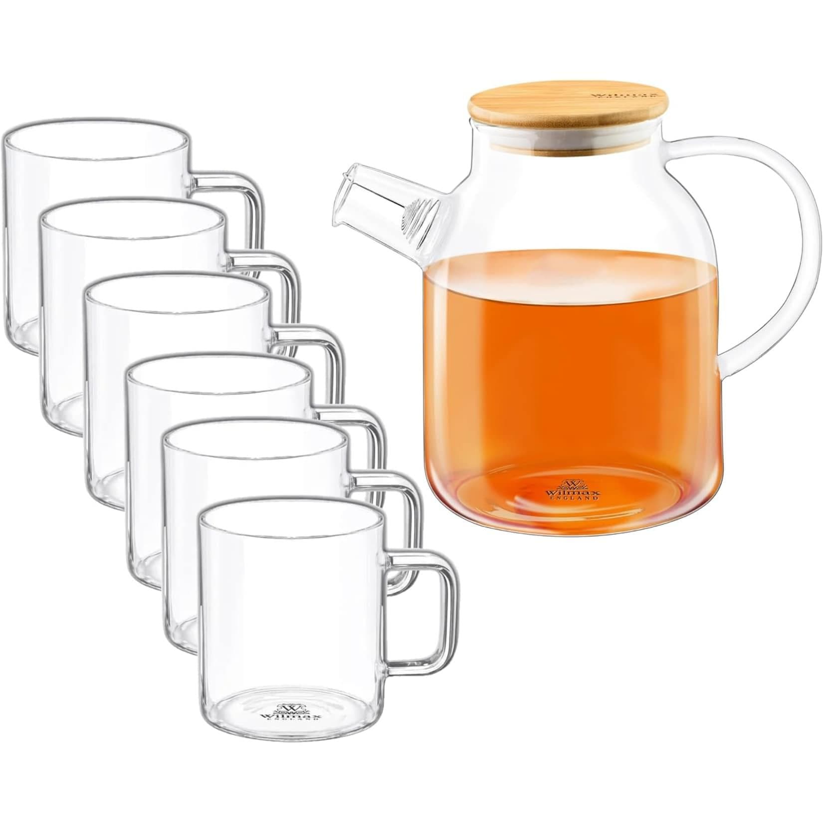 Wilmax Teekanne 1,6L mit 6 Thermogläsern Glas Bambus