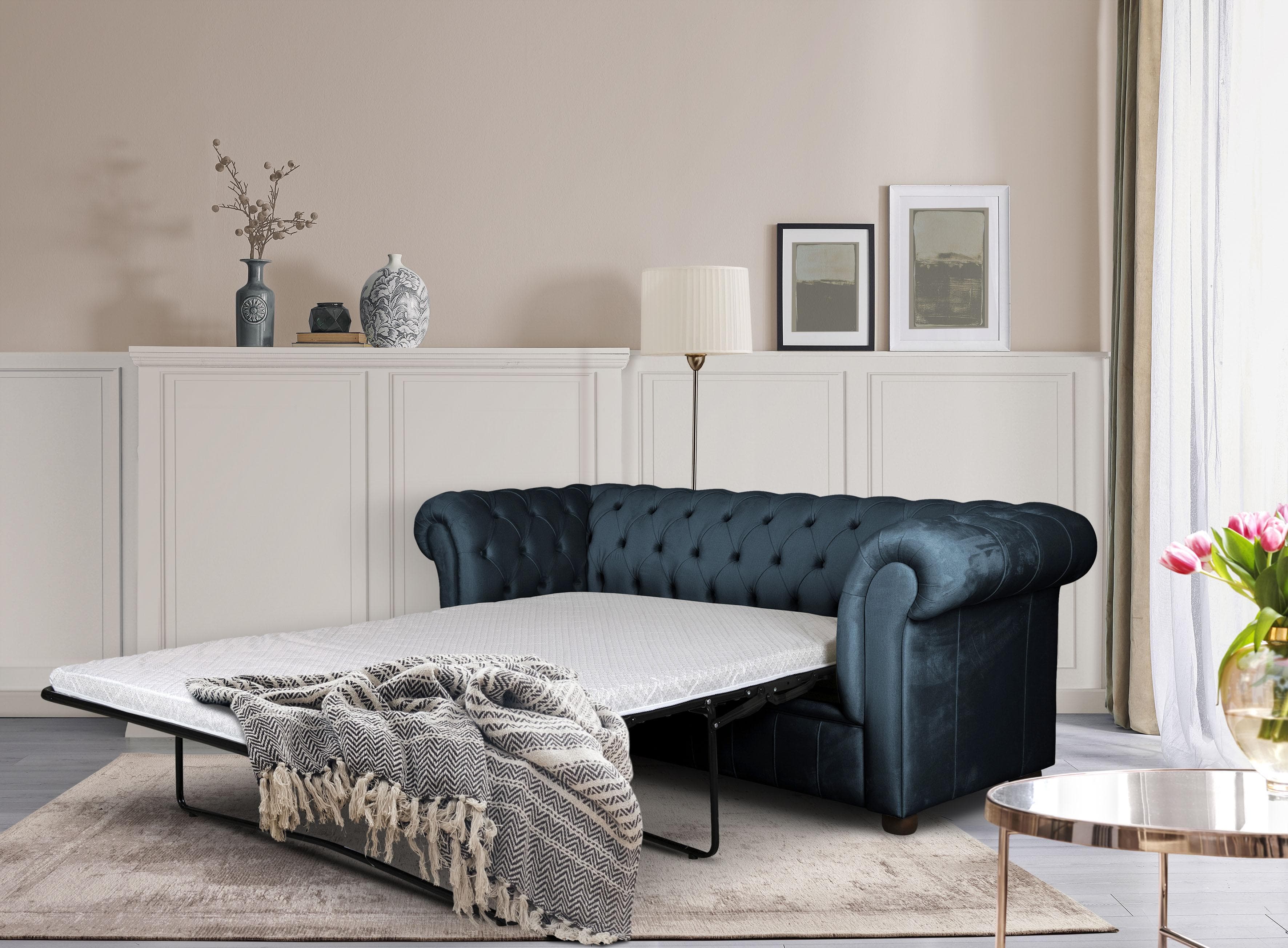 HOME AFFAIRE CHARENTE Schlafsofa 3-Sitzer Dunkelblau Chesterfield