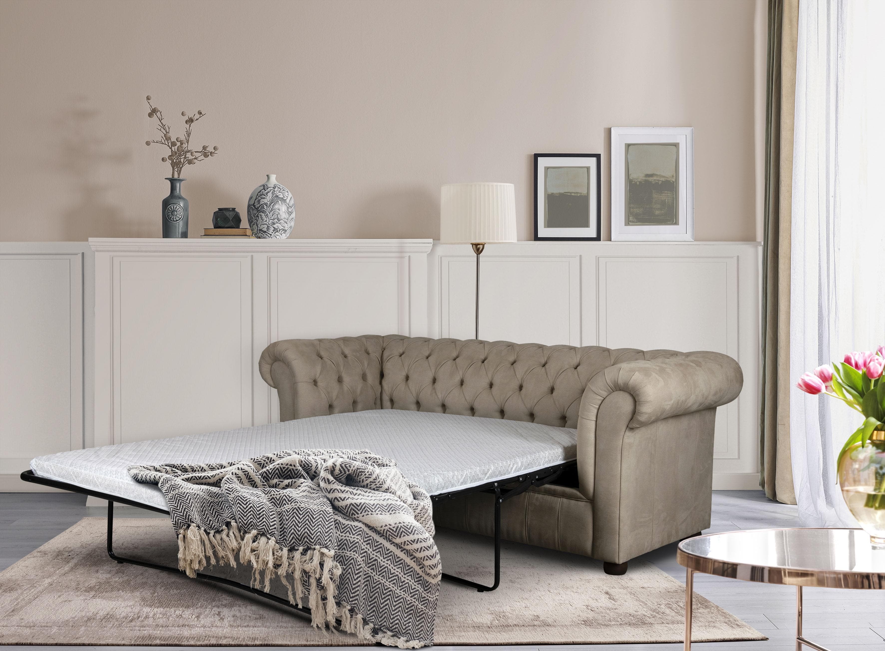 HOME AFFAIRE CHARENTE 3-Sitzer Schlafsofa Beige Chesterfield