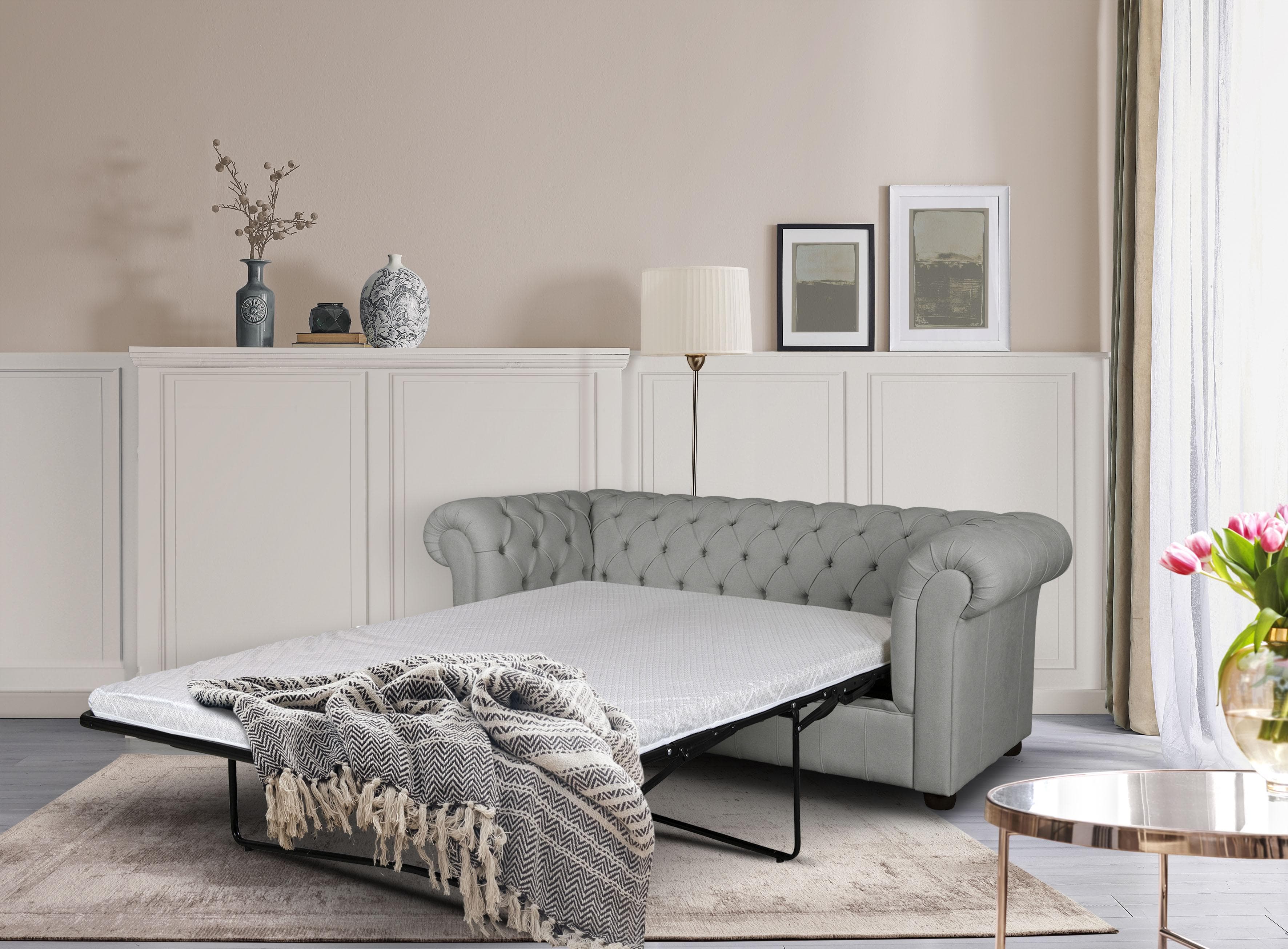 HOME AFFAIRE CHARENTE 3-Sitzer Sofa mit Bettfunktion Grau Chesterfield