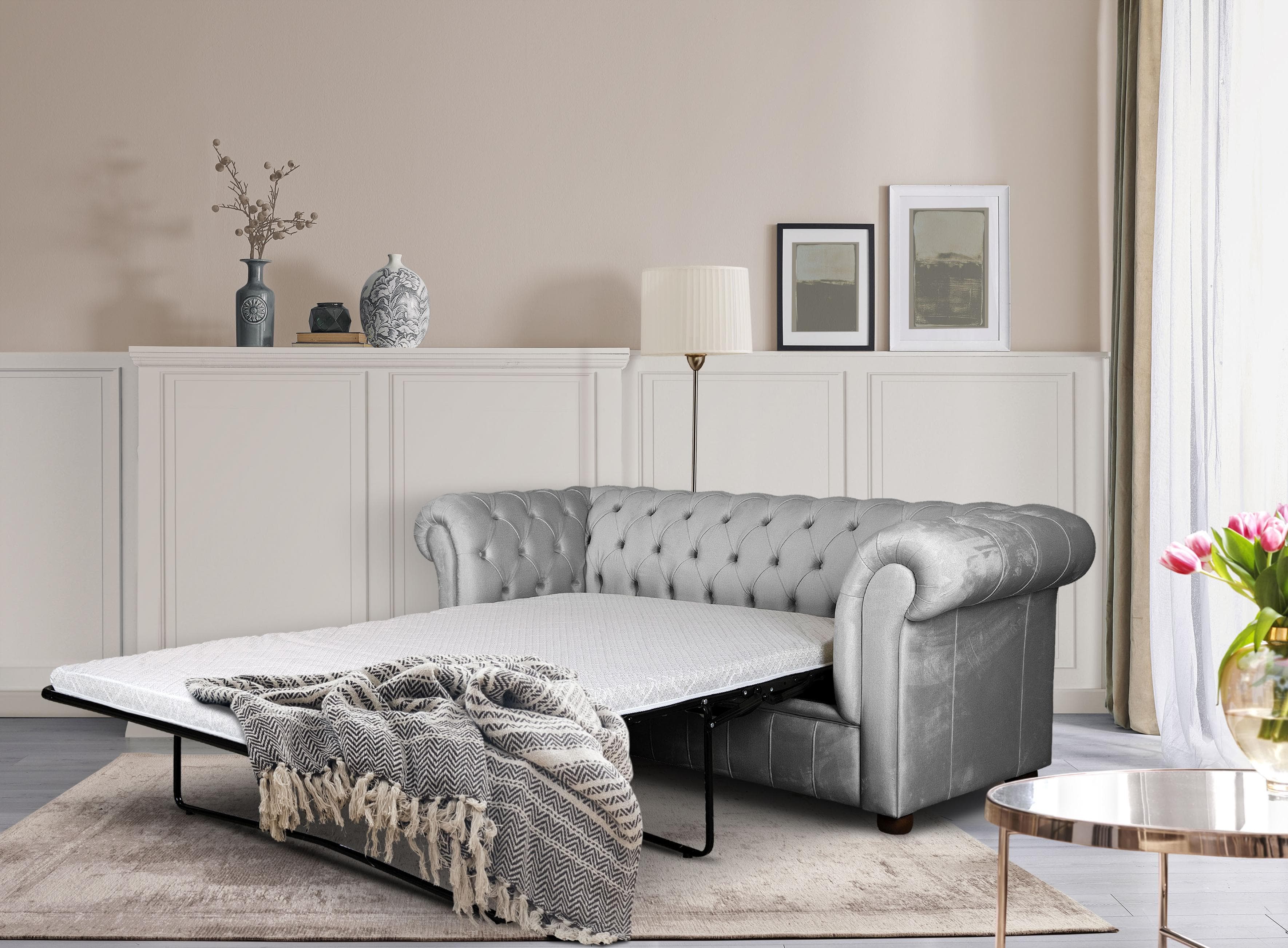 HOME AFFAIRE CHARENTE 3-Sitzer Schlafsofa Chesterfield Grau Samtvelours