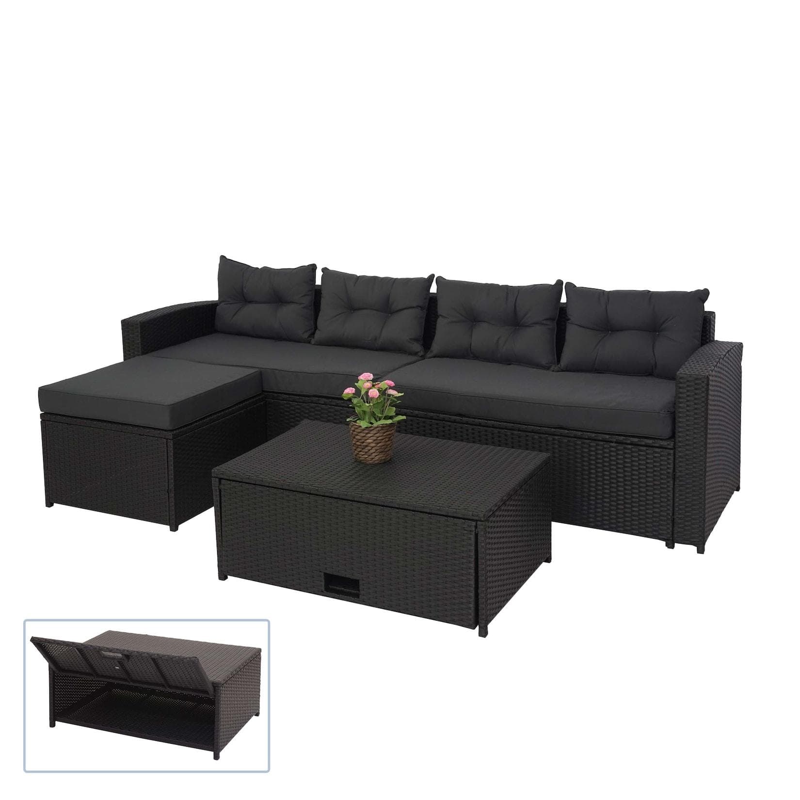 Poly-Rattan Garnitur MCW-J34 Schwarz mit Staufach