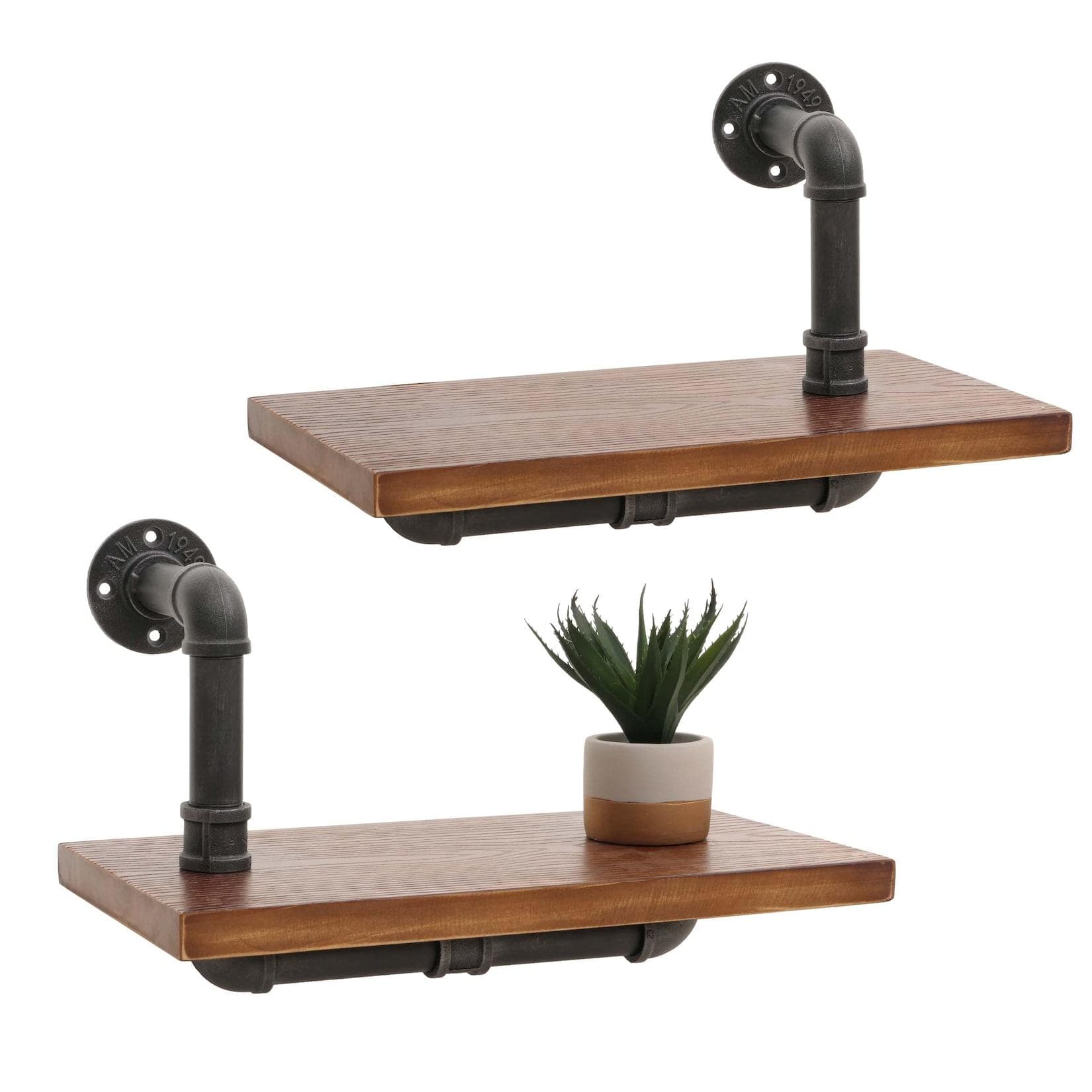 MCW 2er-Set Wandregal Industrial Stahl Massiv-Holz Braun