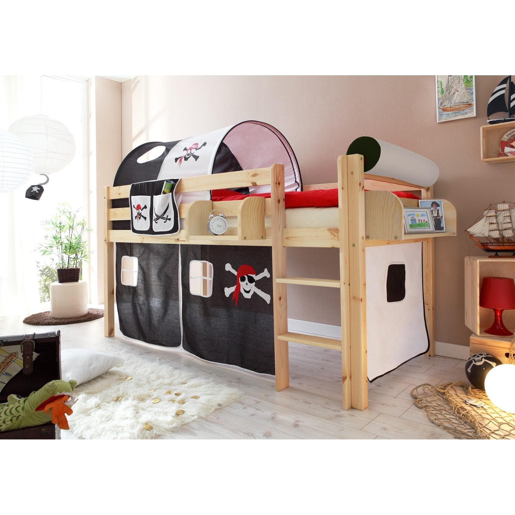 TiCAA Hochbett "Malte" Kiefer Natur Motiv Hochbett mit Leiter