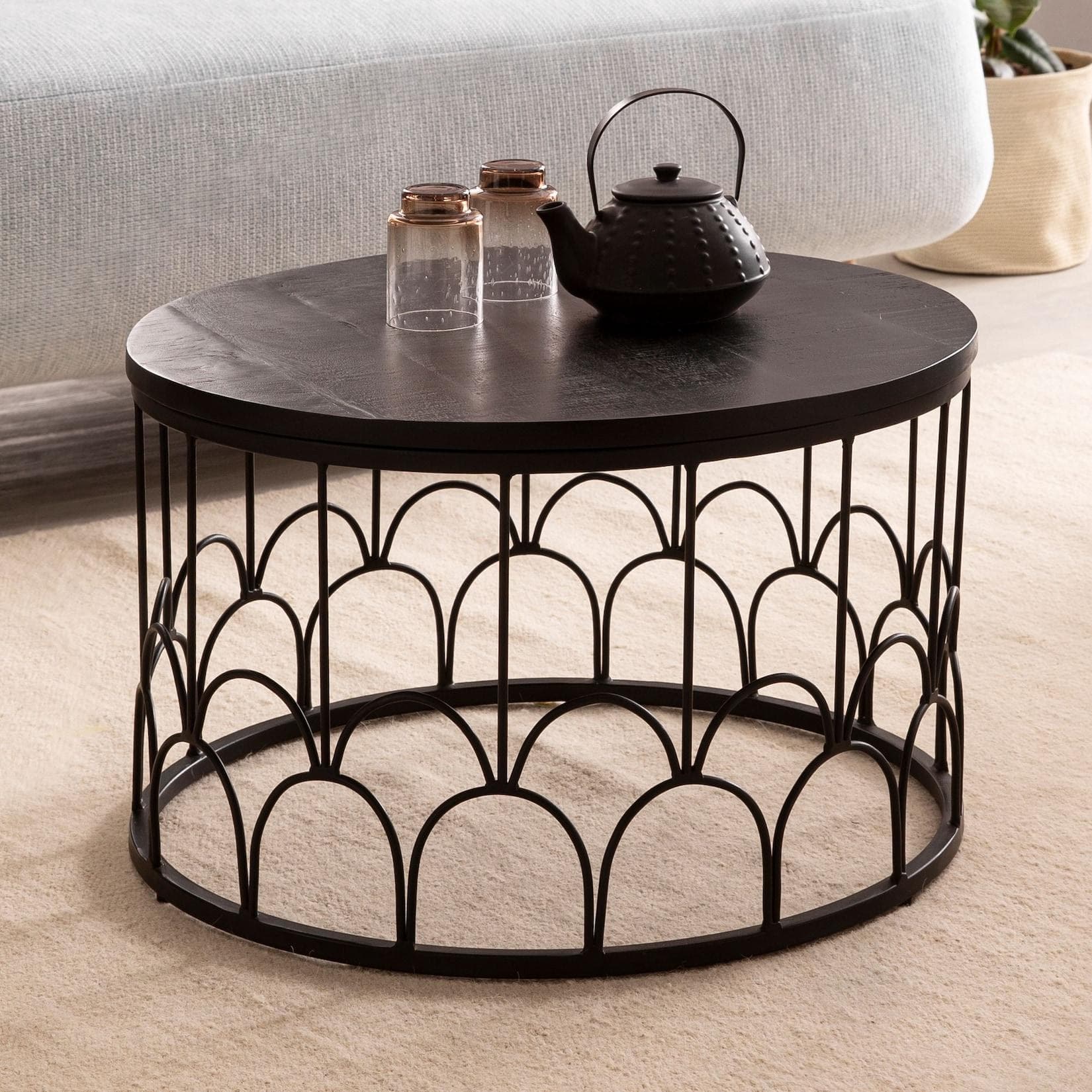FineBuy Couchtisch Massivholz Rund Schwarz Industrial Design