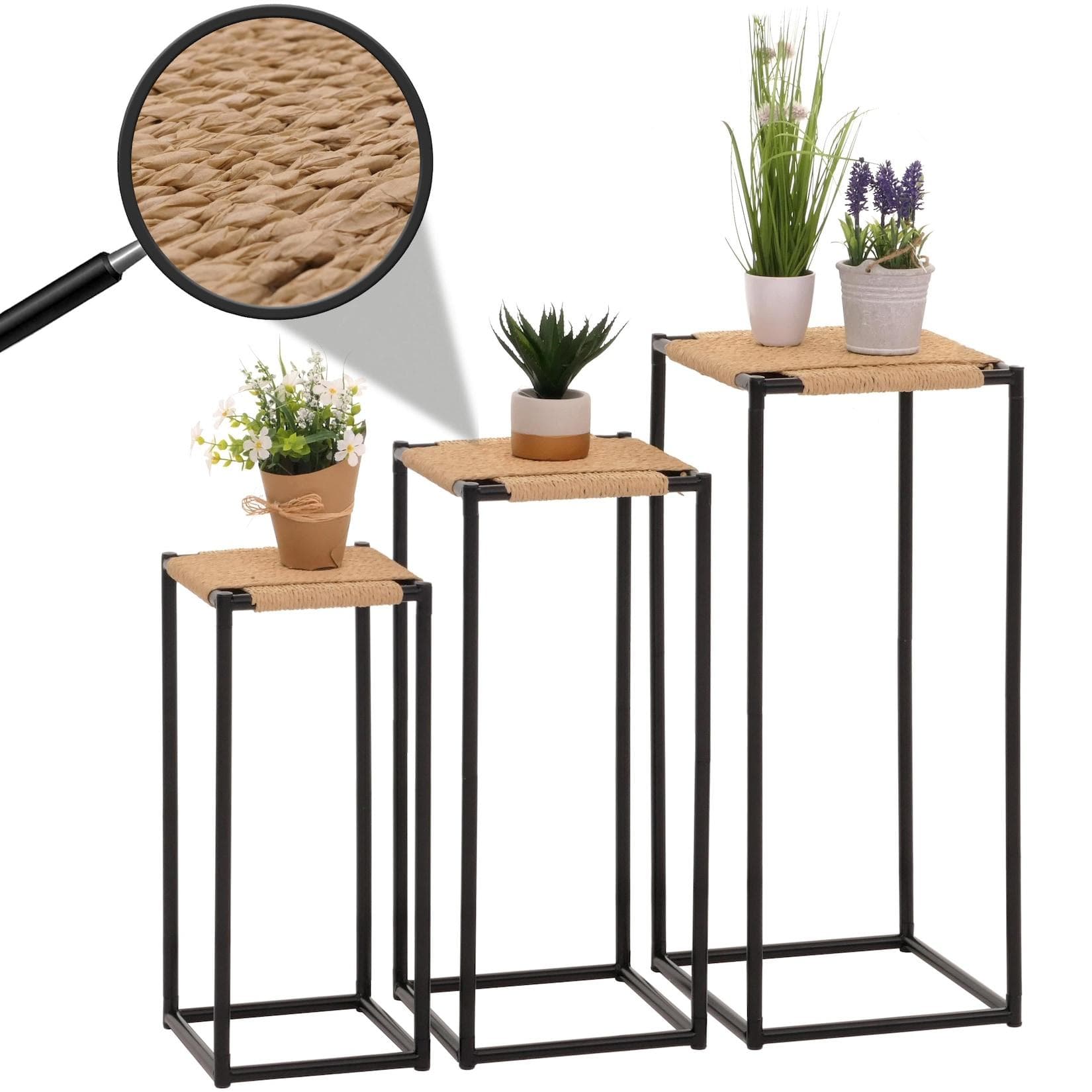 MCW 3er-Set Blumentisch stapelbar Metall Papierseil naturfarben