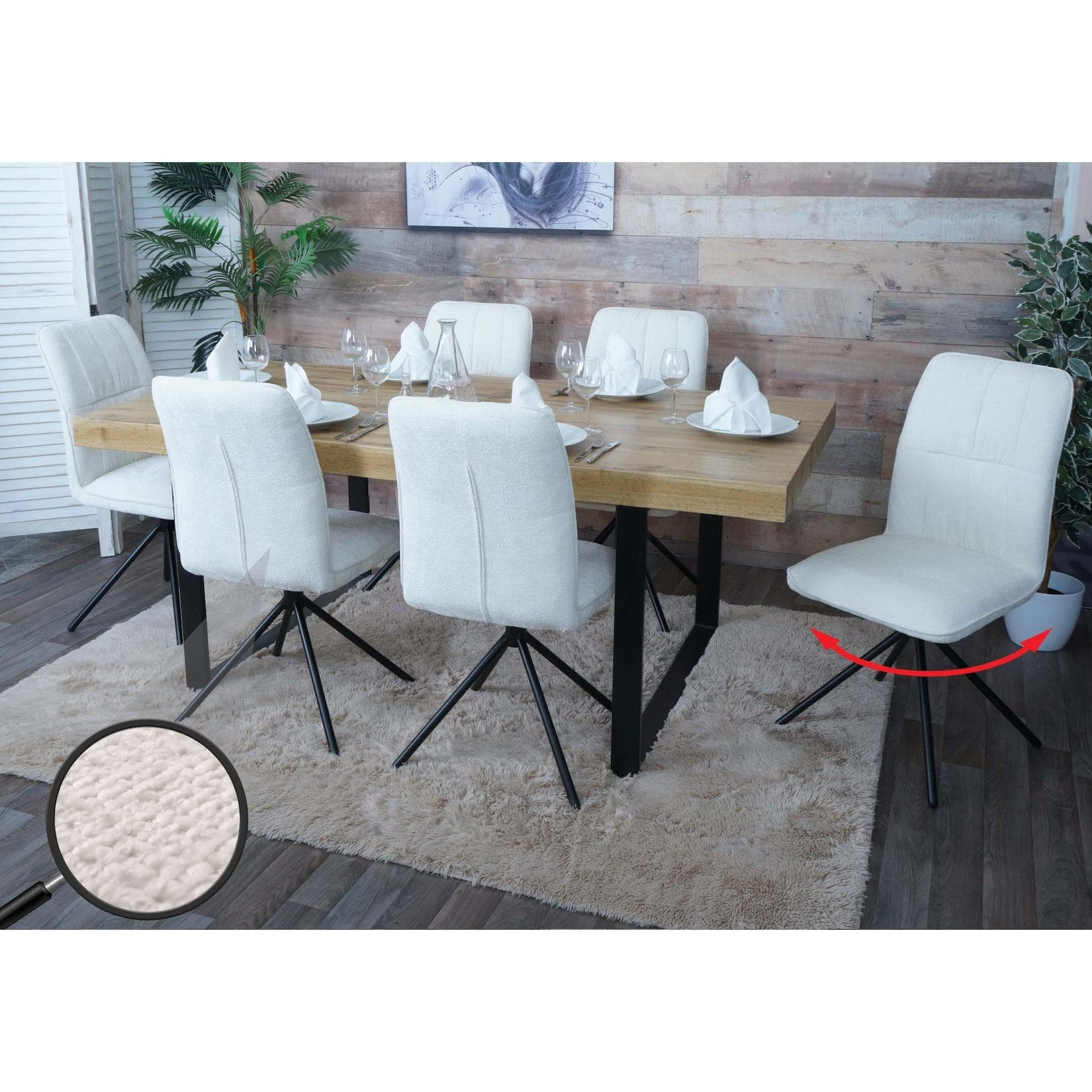 MCW 6er-Set Esszimmerstuhl MCW-N99 Chenille Beige Drehbar Auto-Return