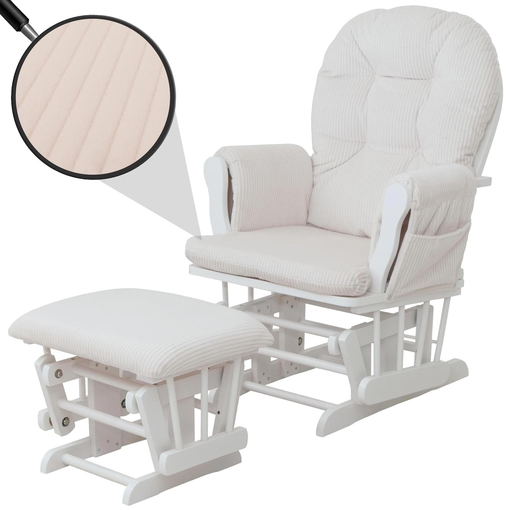 Relaxsessel MCW-C76 Schaukelstuhl mit Hocker Creme Weiß Stoff Cord