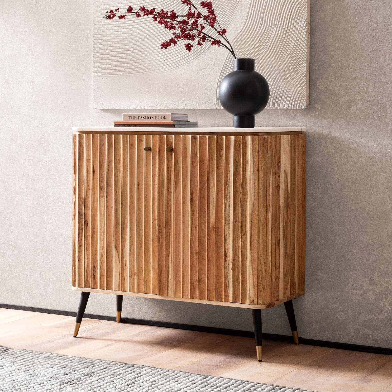 FINEBUY Barschrank FB105236: Marmor Arbeitsplatte & Akazie Massivholz