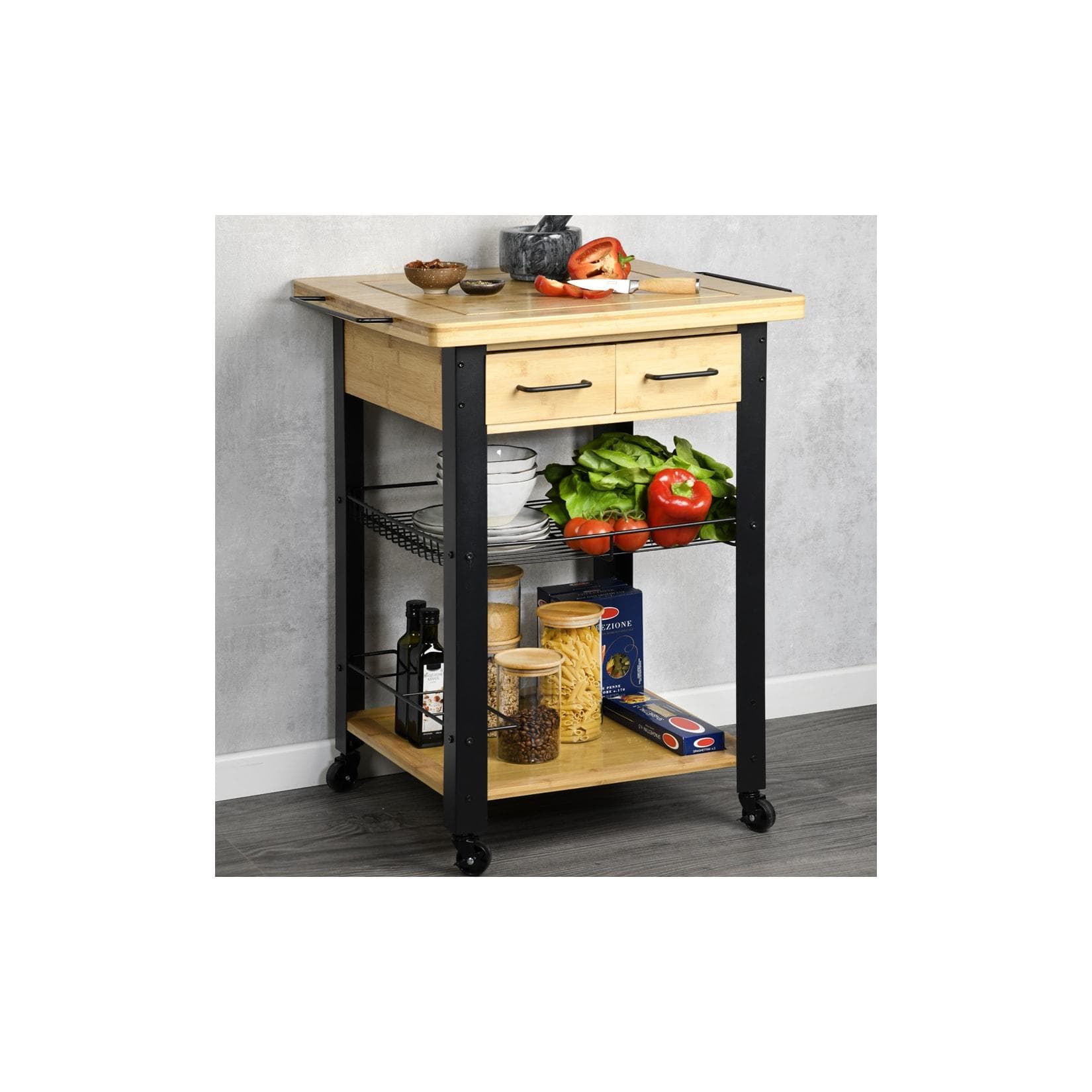 Kesper Küchenwagen Rollwagen FSC-zertifiziert mit Metallkorb und Holzablage