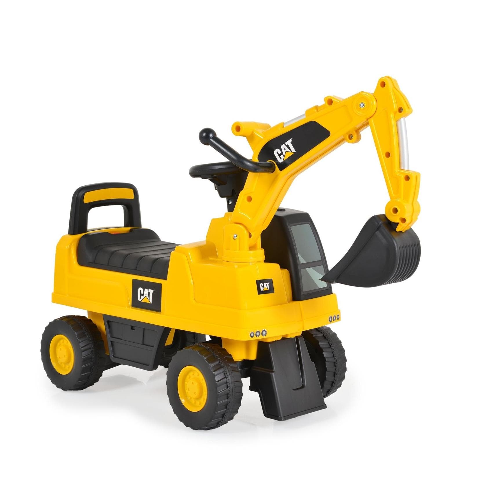 Moni Kinder Rutschfahrzeug Bagger CAT Excavator 662 Schaufel Staufach Musik Gelb