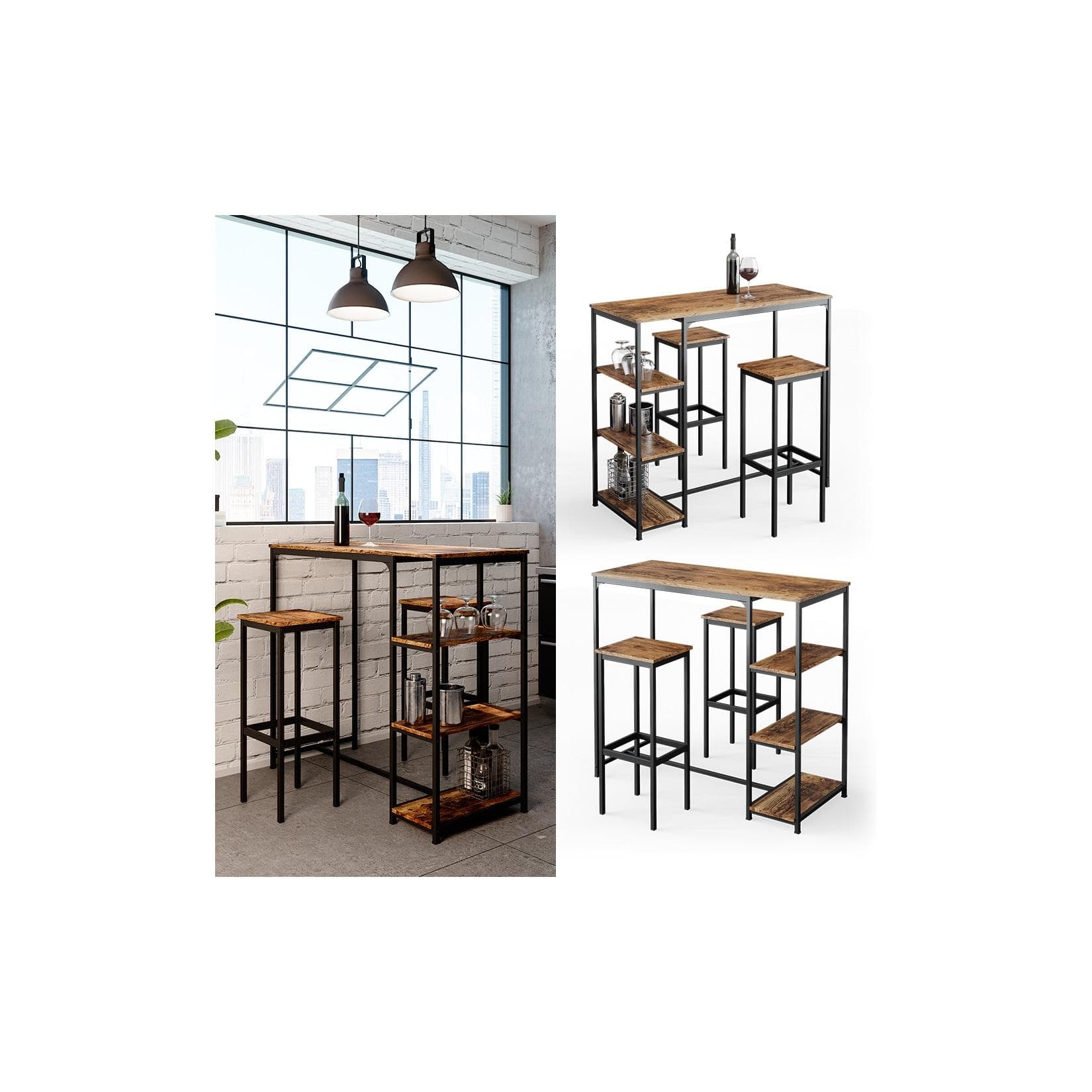 Rustikaler Eichen-Bartisch mit Regalen und 2 Barhockern - Schwarz