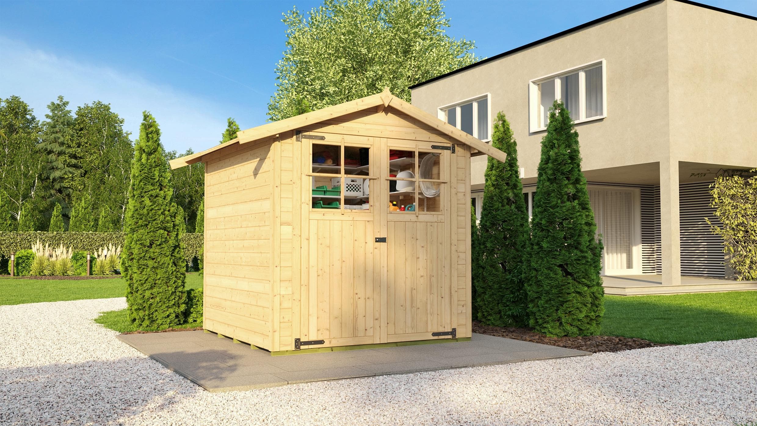 Gartenhaus aus Massivholz Fichte, beige, naturbelassen