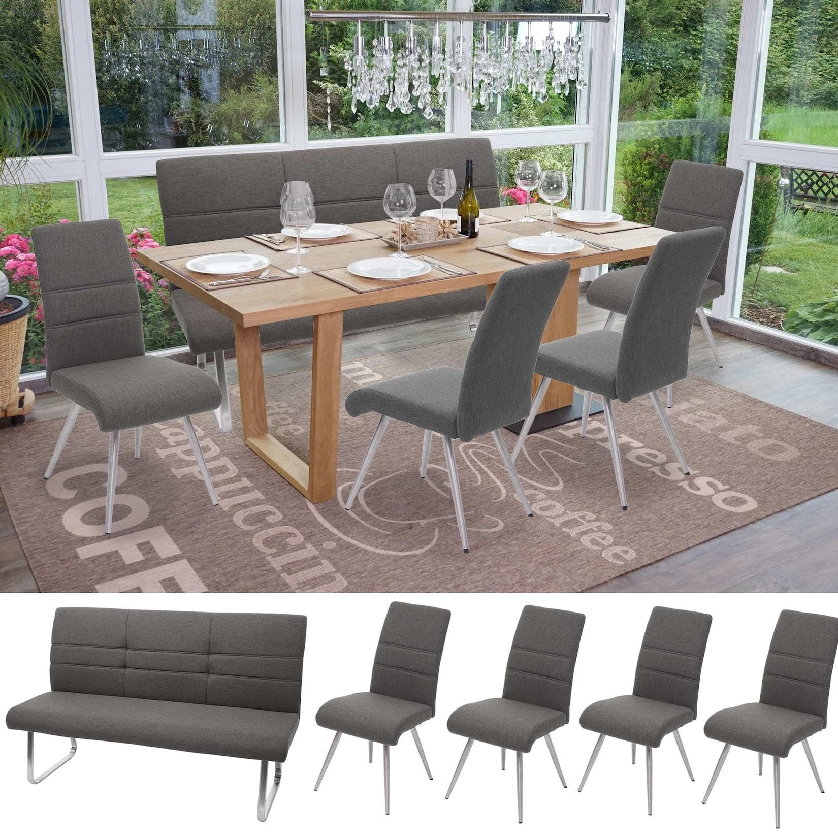 MCW Esszimmerstuhl Set 4x + Sitzbank Grau-Braun Stoff Edelstahl