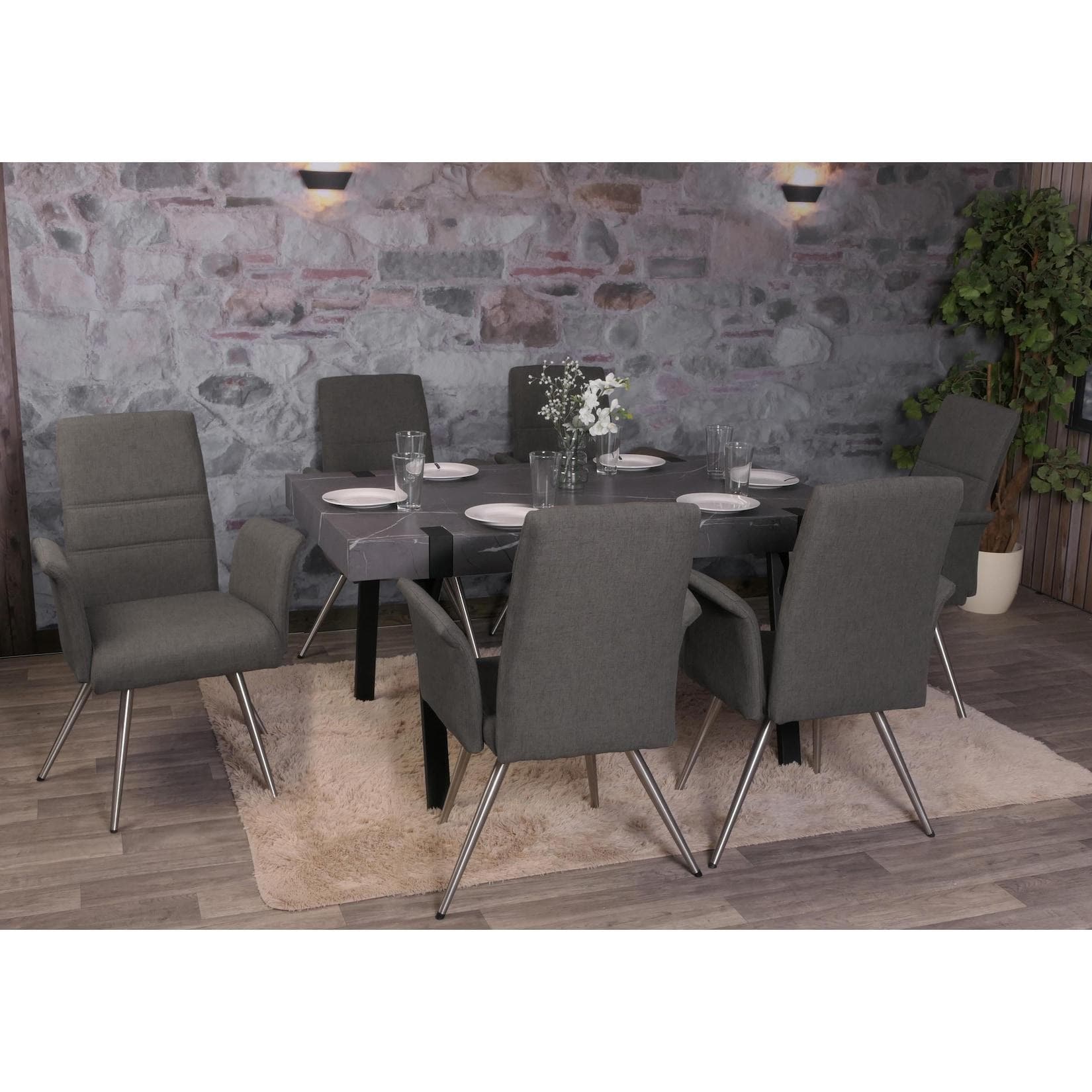 MCW 6er-Set Esszimmerstuhl MCW-G55 mit Armlehne Grau-Braun