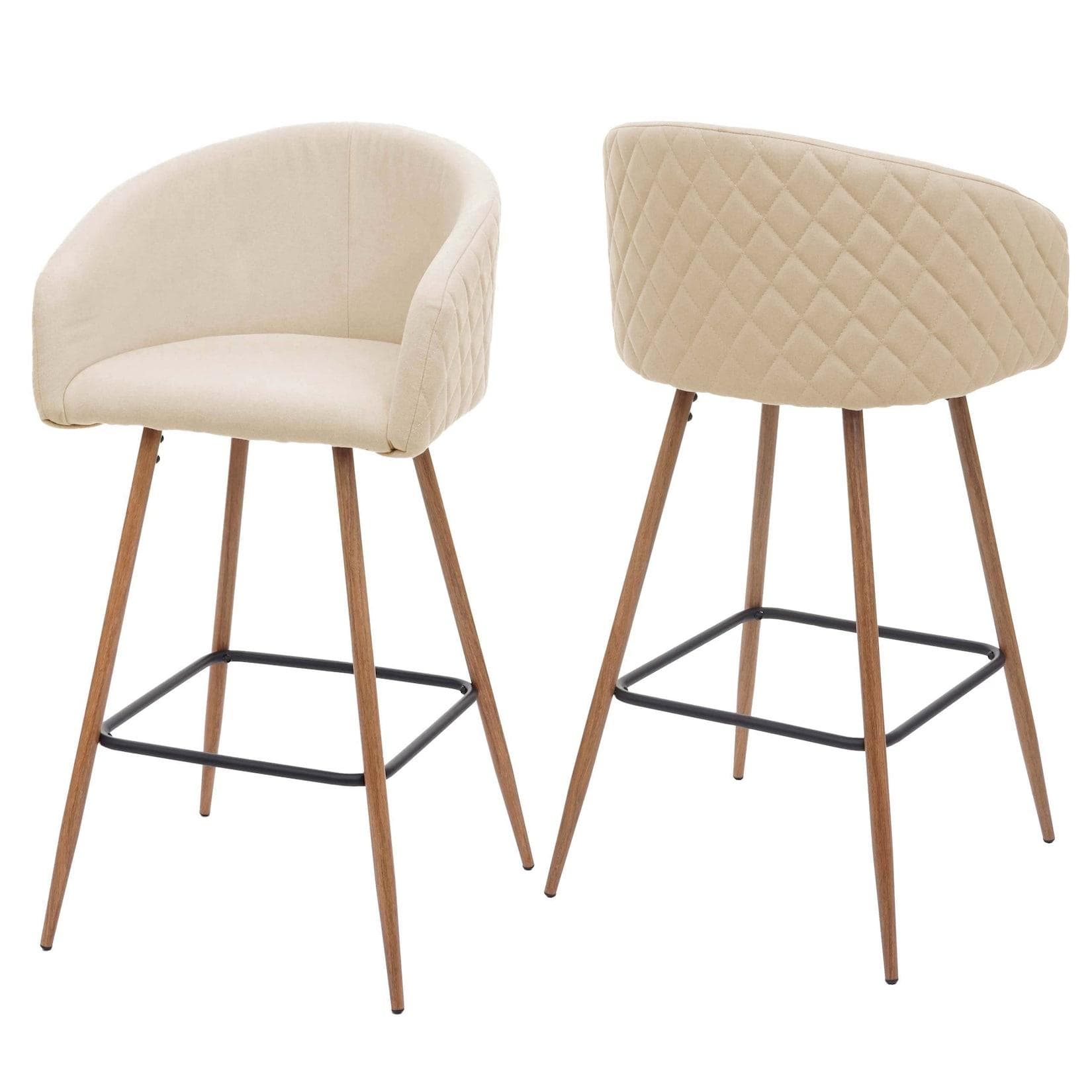 2er-Set Barhocker MCW-D72 mit Lehne, Metall Holzoptik, Stoff creme-beige