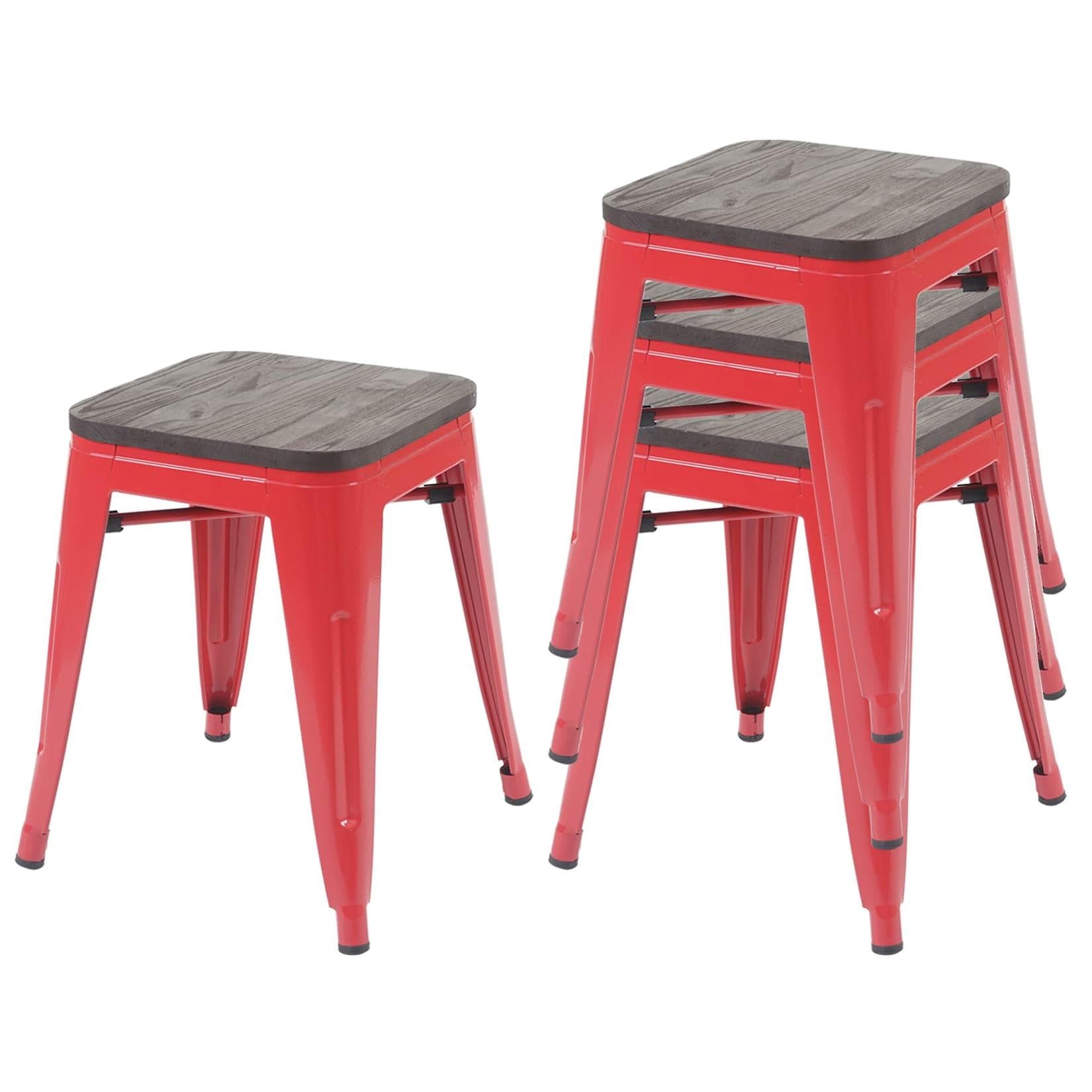 MCW 4er-Set Hocker Rot Holz-Sitzfläche Metall stapelbar Industriedesign