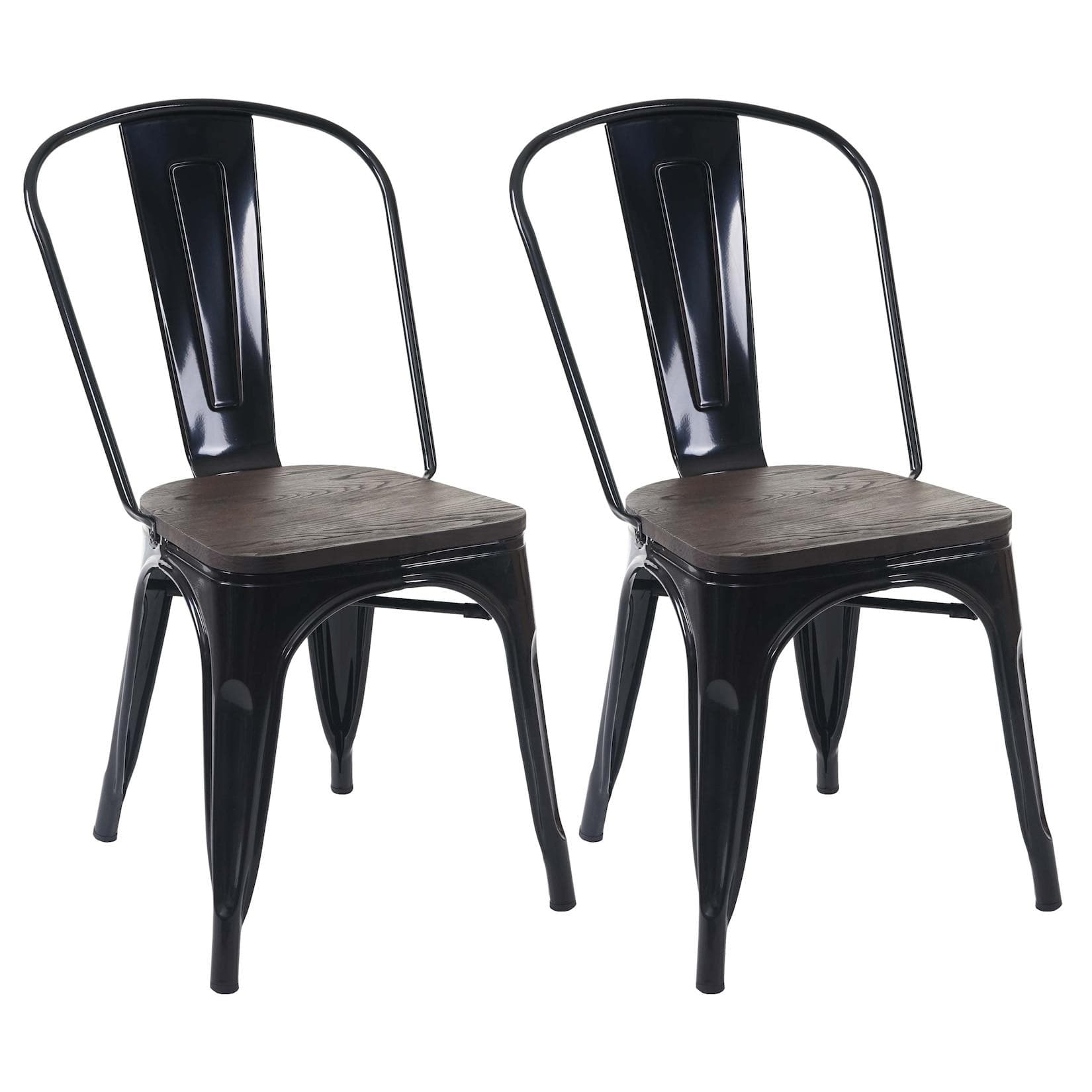 MCW-A73 Stuhl 2er-Set inkl. Holz-Sitzfläche, Bistrostuhl, Metall Industriedesign stapelbar ~ schwarz