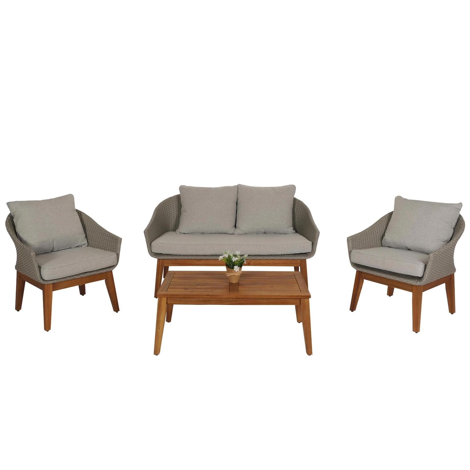 Gartengarnitur MCW-N37 Poly-Rattan Akazie Grau Kissen