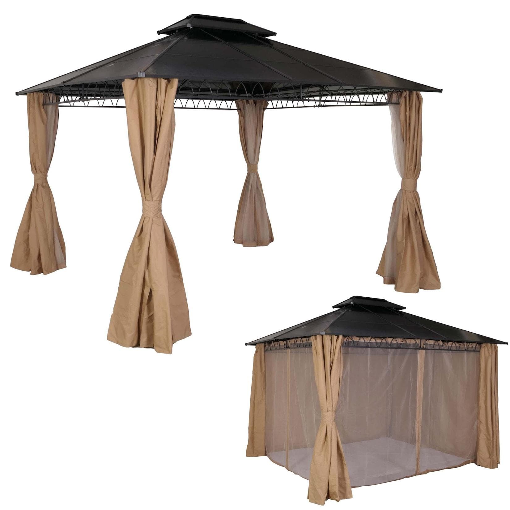 Hardtop Pergola MCW-M81 Pavillon Aluminium Dachstreben 7cm Stahlgestell Seitenwand Moskitonetz 3,6x3m Creme