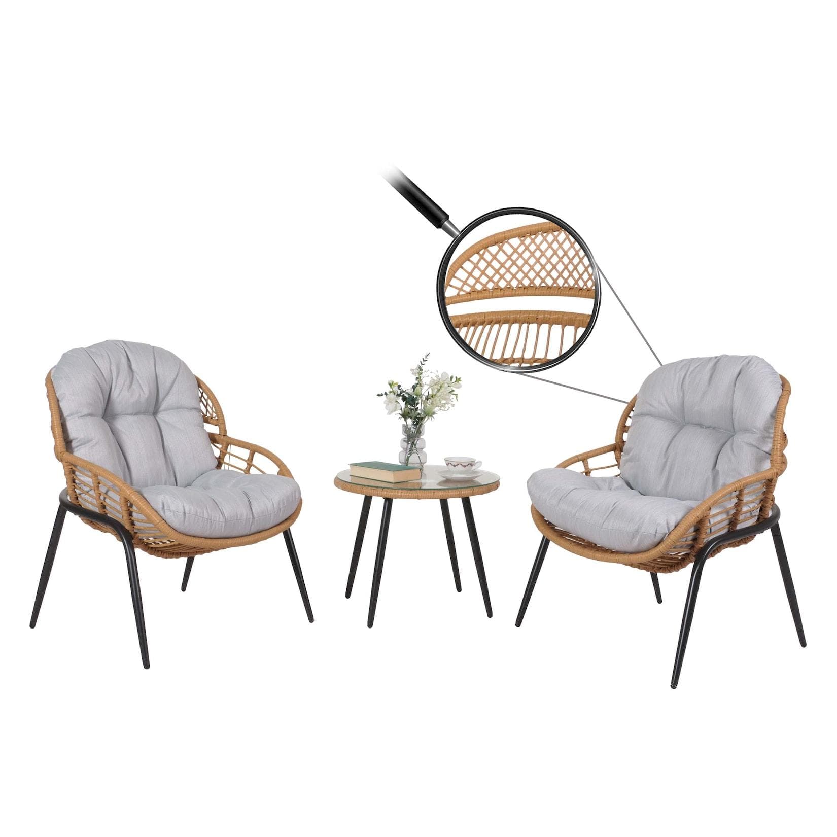 Poly-Rattan Garnitur MCW-N33, Sitzgruppe mit Beistelltisch, hellgrau