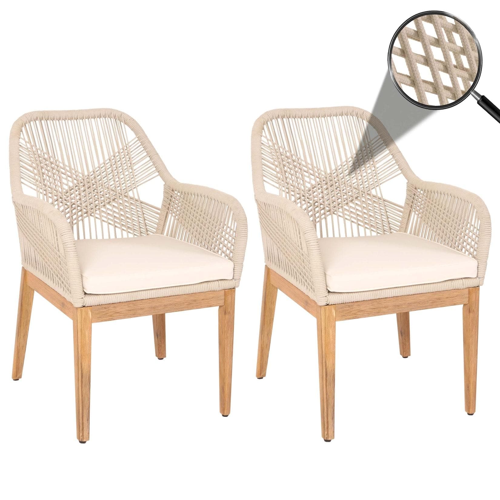MCW 2er-Set Gartenstuhl MCW-H56b, Akazie Seilgeflecht beige Kissen