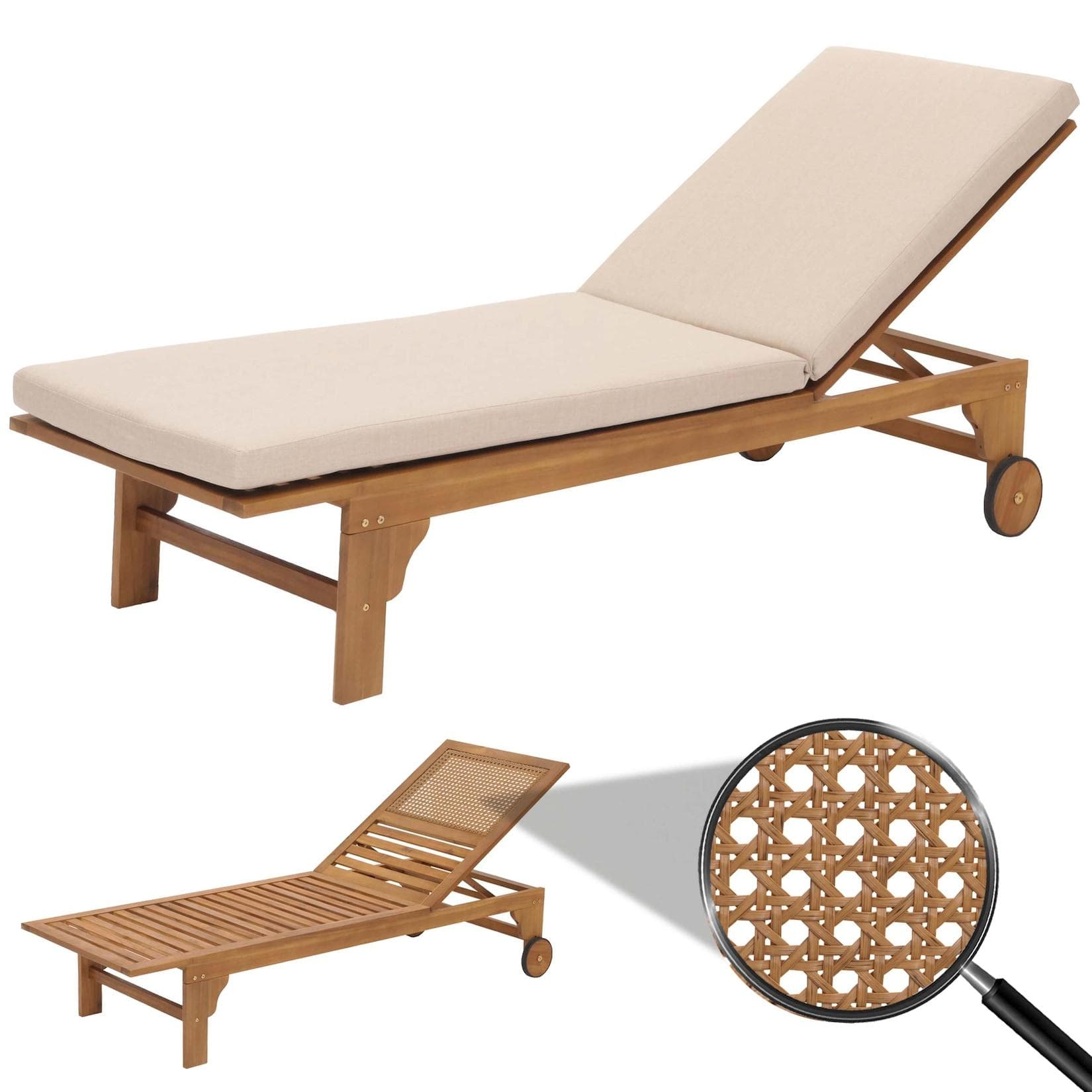 Sonnenliege MCW-N48 Gartenliege Massivholz Akazie mit Kissen Beige