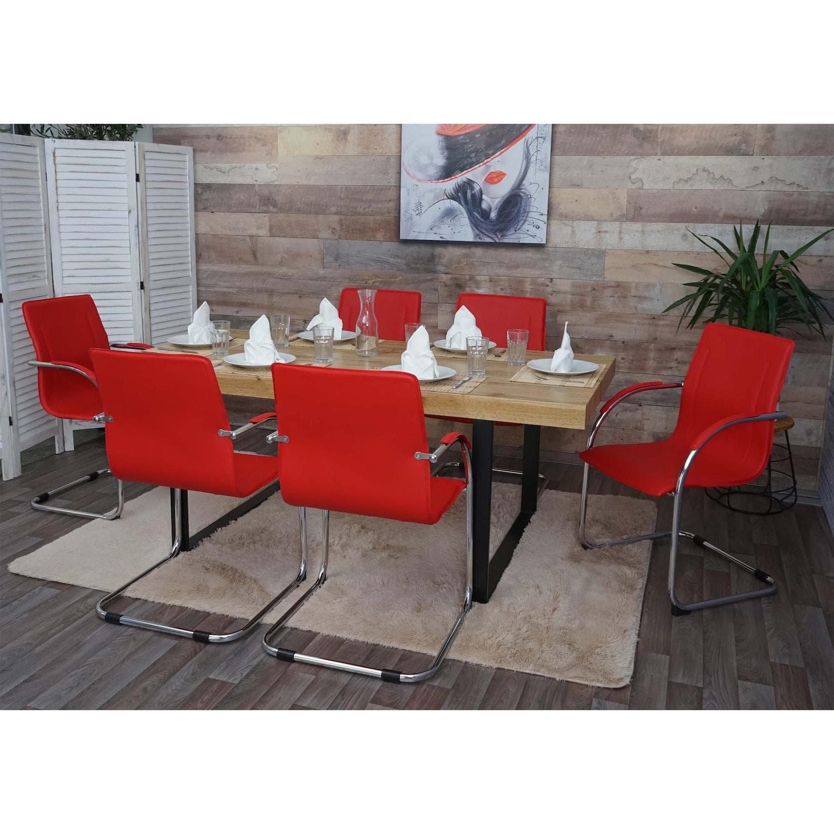 MCW 6er-Set Esszimmerstuhl Perm Rot Freischwinger mit Armlehne