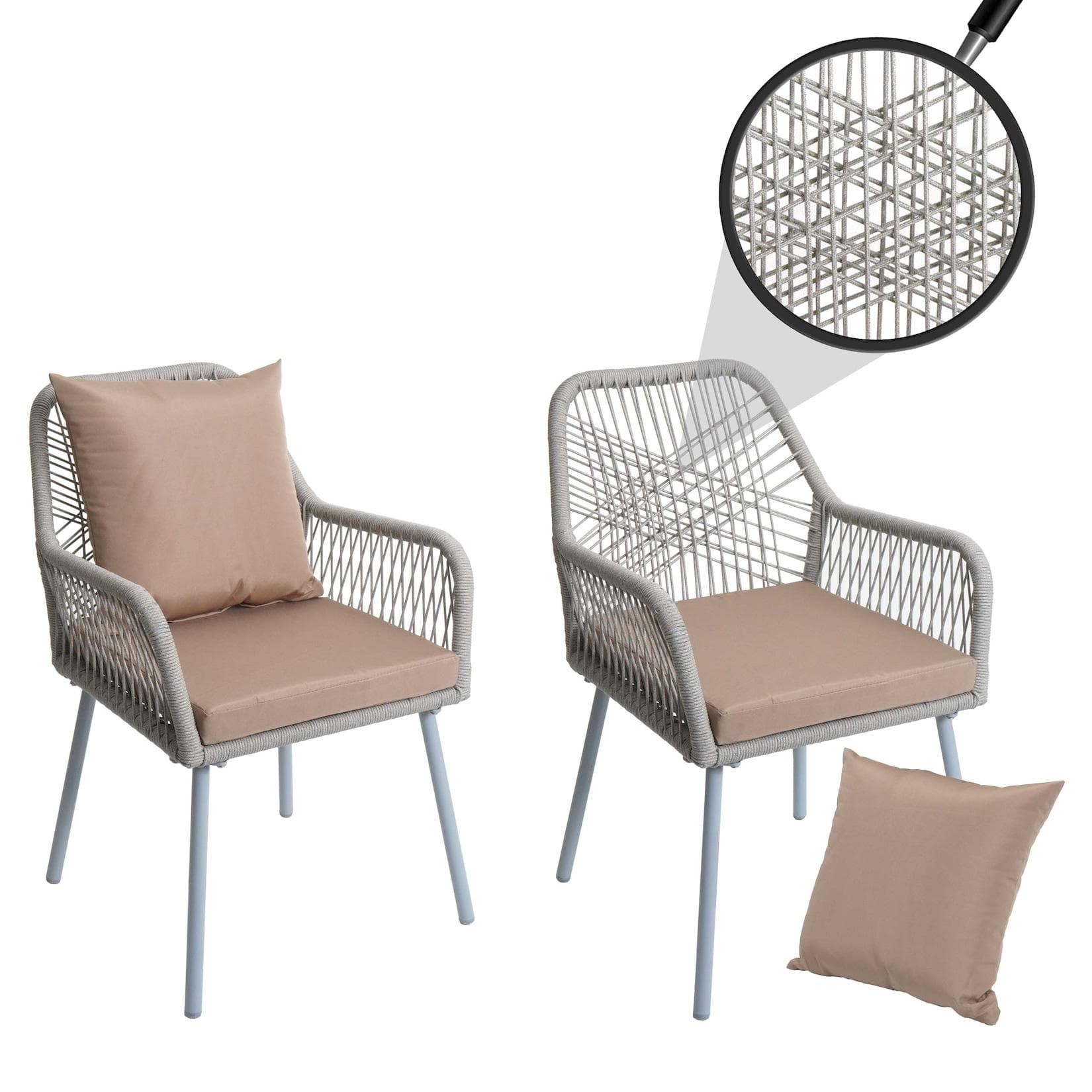 2er-Set Gartenstuhl MCW-O12 Grau Taupe Aluminium Seilgeflecht
