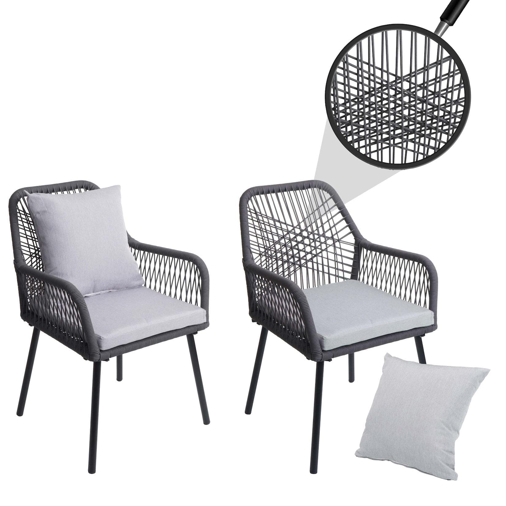 2er-Set Gartenstuhl MCW-O12 Outdoor Aluminium Seilgeflecht Anthrazit Grau