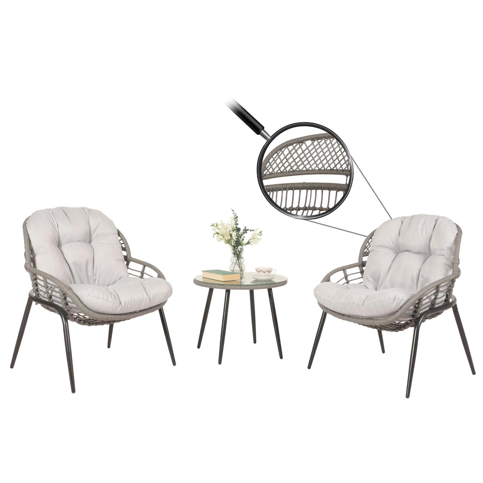 MCW Poly-Rattan Garnitur MCW-N33 Grau 2x Stuhl Beistelltisch Balkonset