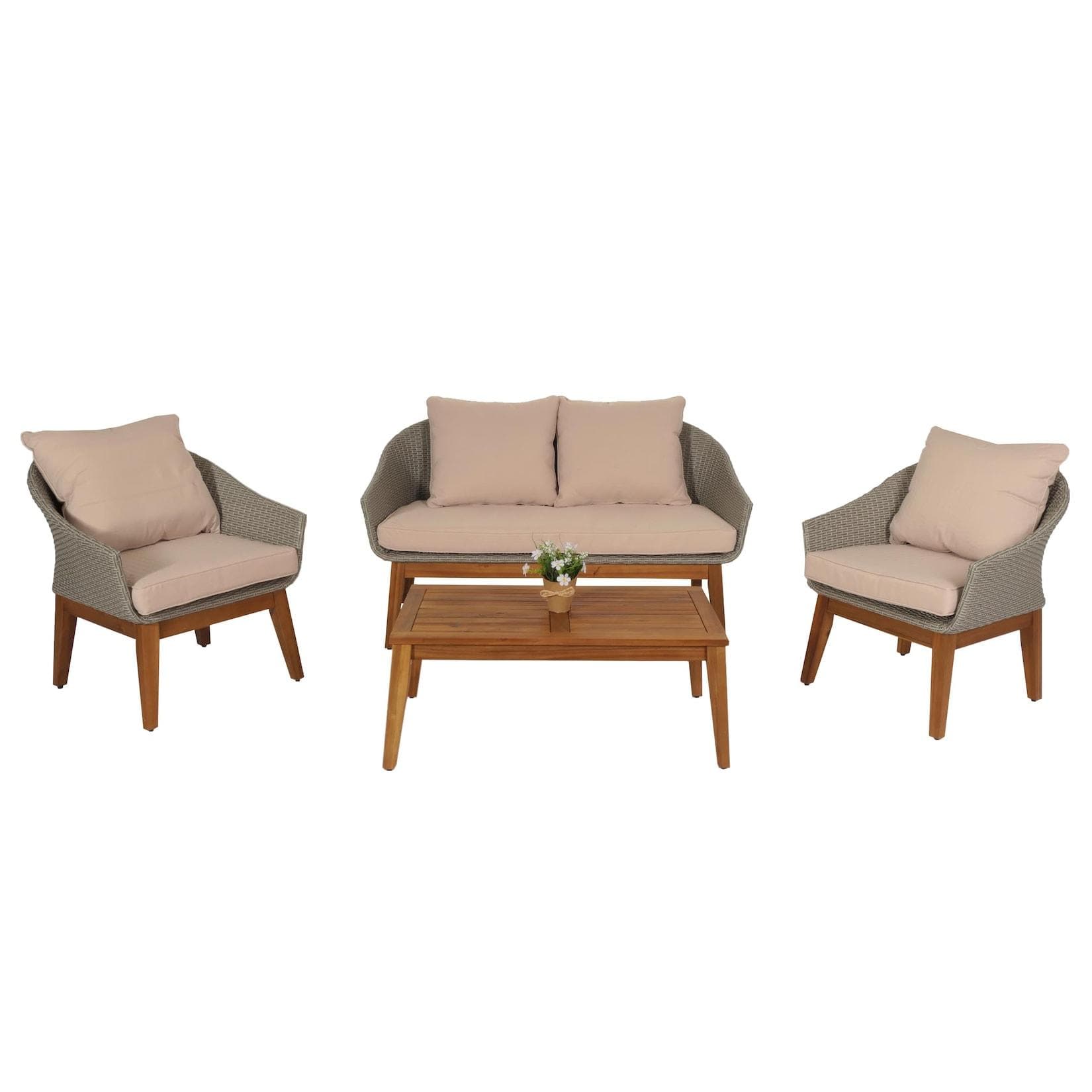 MCW Gartengarnitur MCW-N37 Grau Beige Poly-Rattan Akazienholz