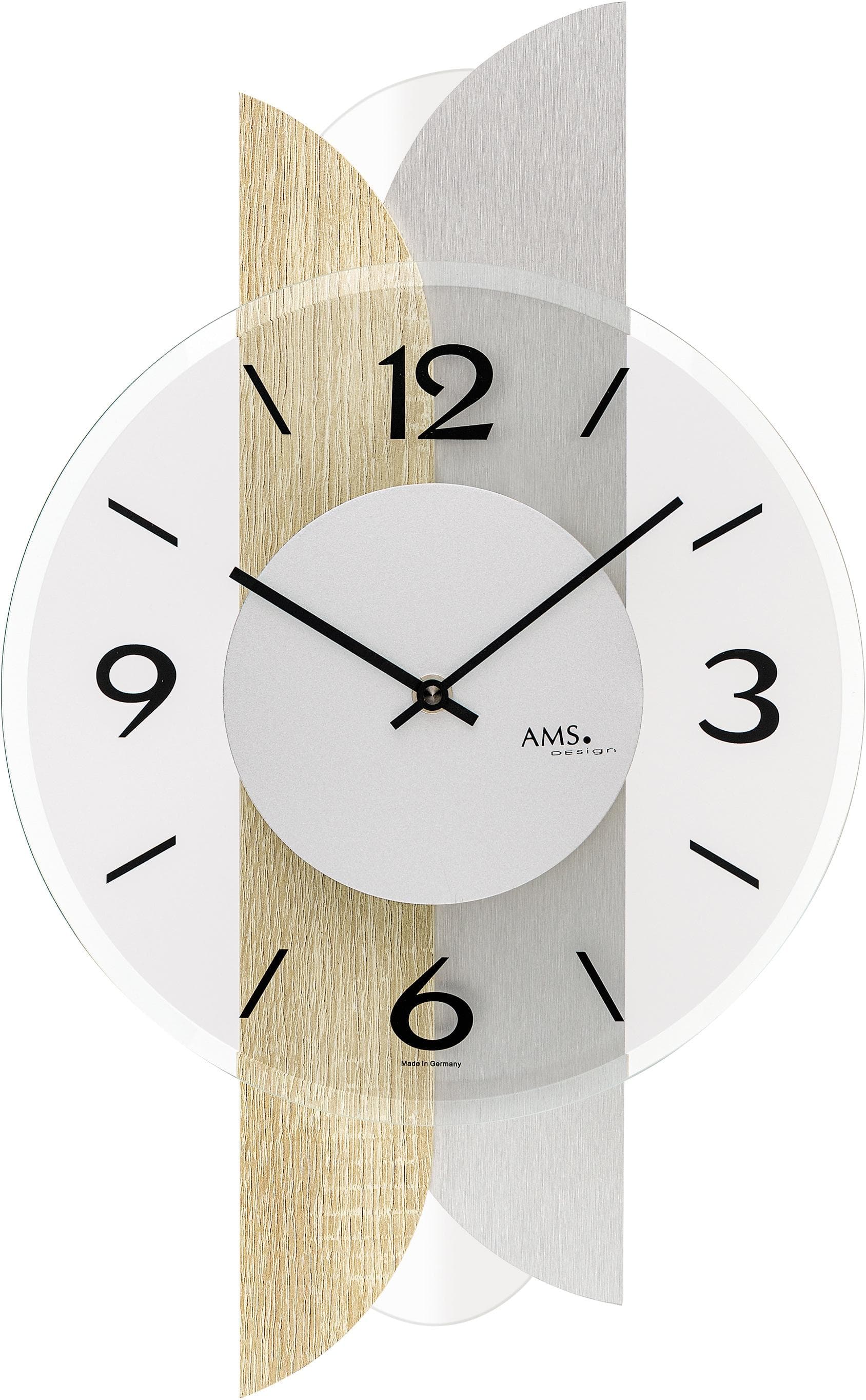 AMS Wanduhr W9667: Holz Uhr mit Quarzantrieb und Facettiertem Mineralglas