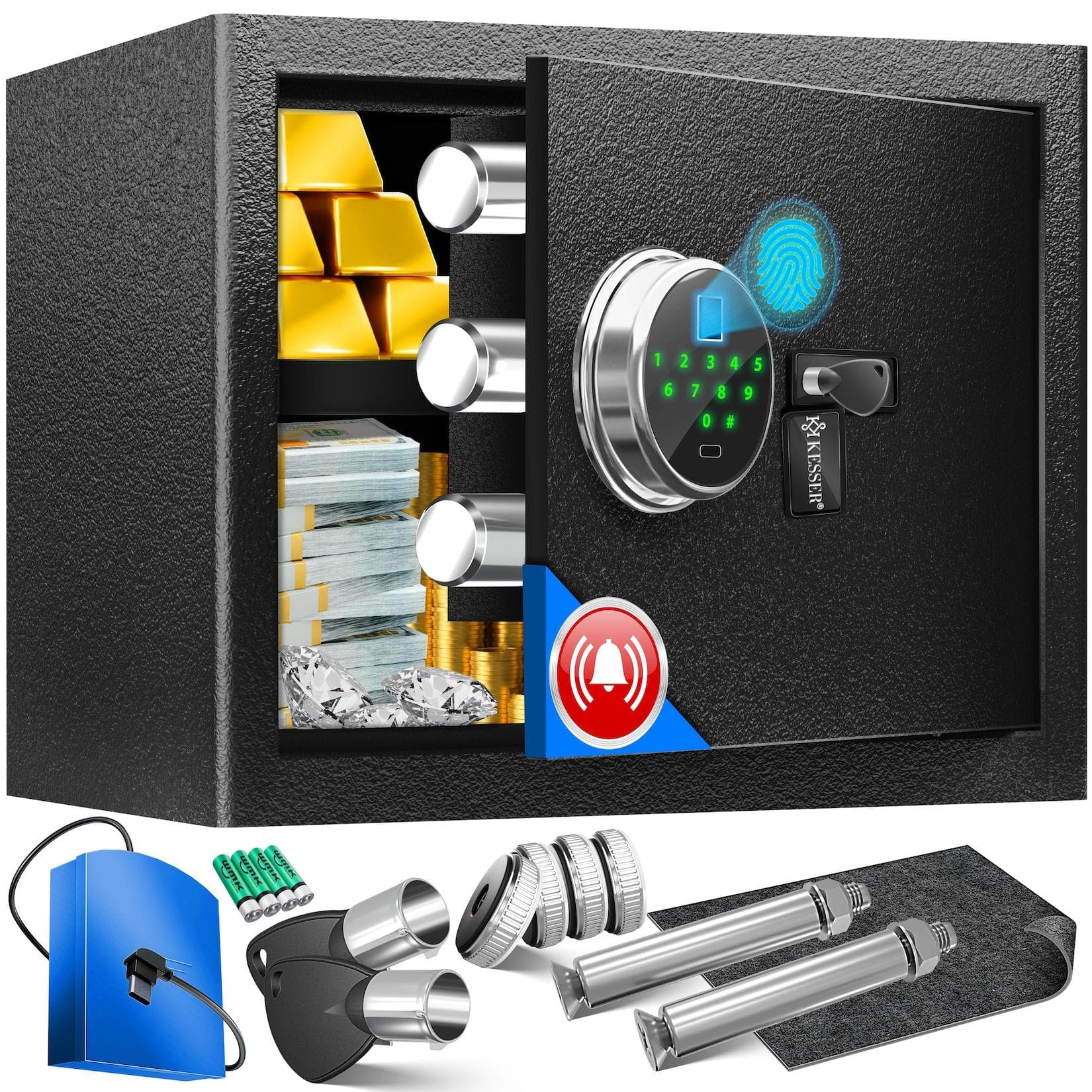 KESSER® Elektr. Tresor mit Fingerabdruck & Schlüssel Inkl. Notfallakku Elektronischer Safe 3x Doppelbolzenverriegelung Boden Wandtresor Möbeltresor Panzerschrank Zahlenschloss