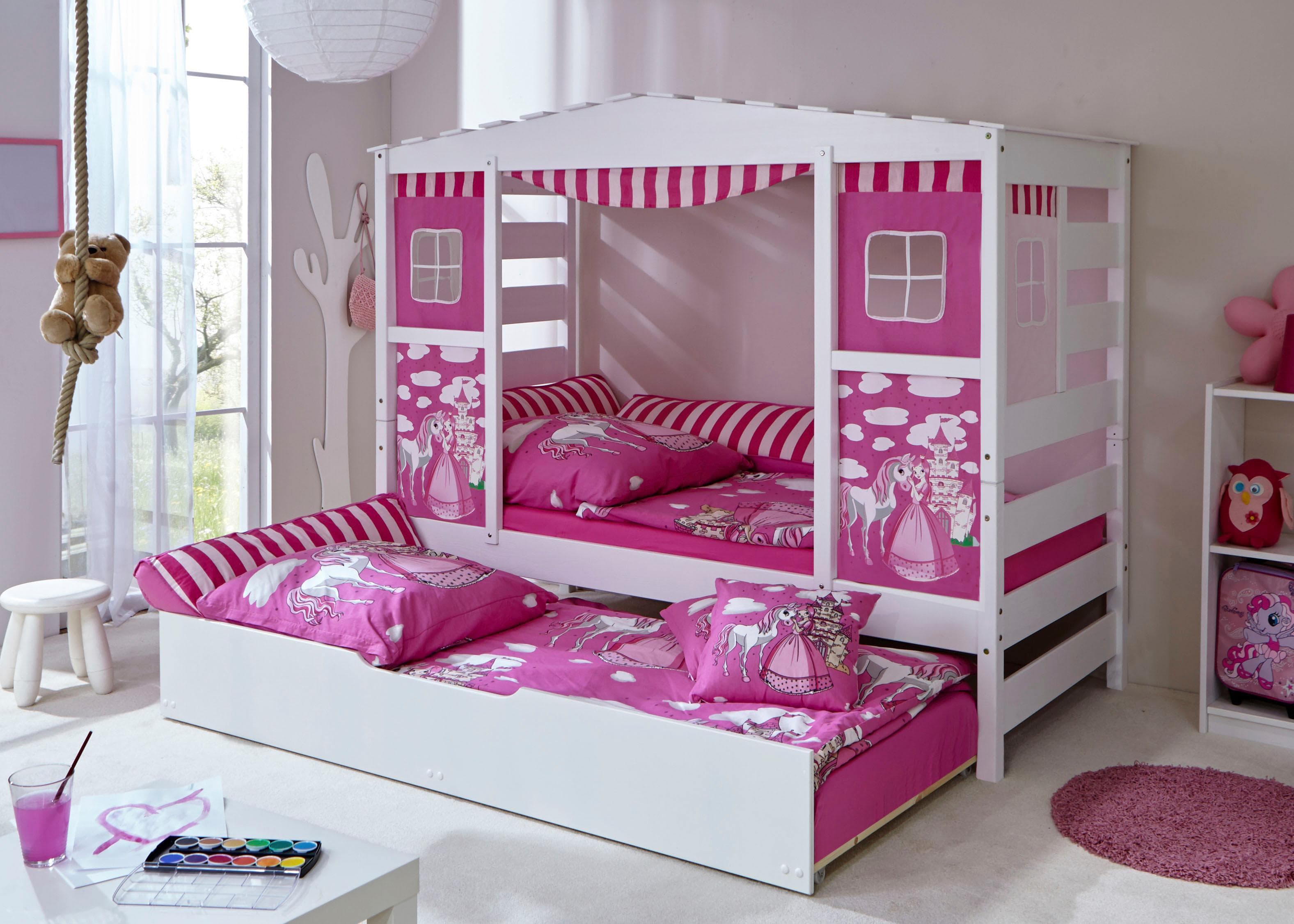 TICAA Hausbett Lio Weiß Kiefer Massivholz mit Textil-Set