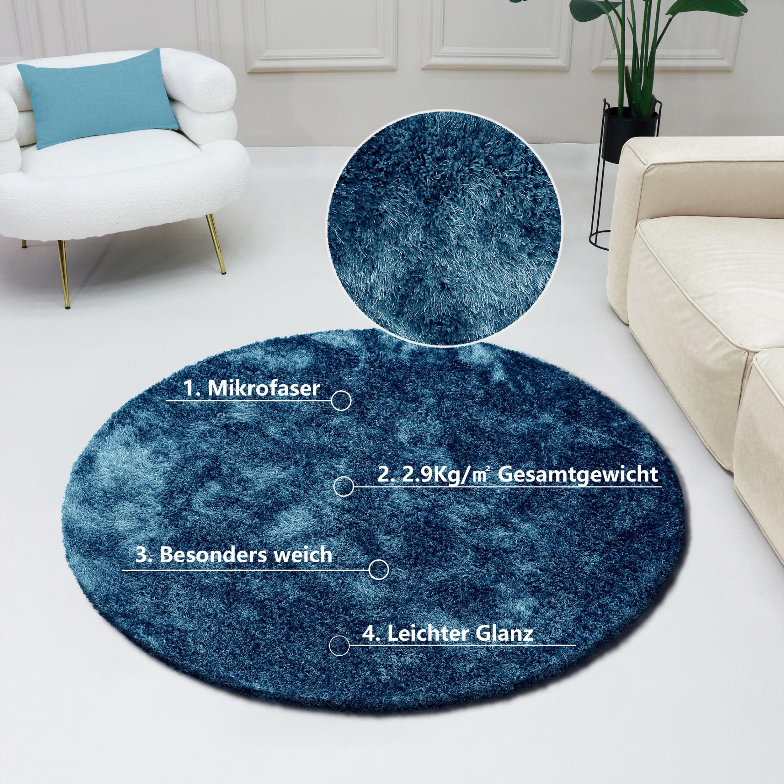 Bruno Banani Dana Teppich - Rund, Hochflor, Mikrofaser, Glanz