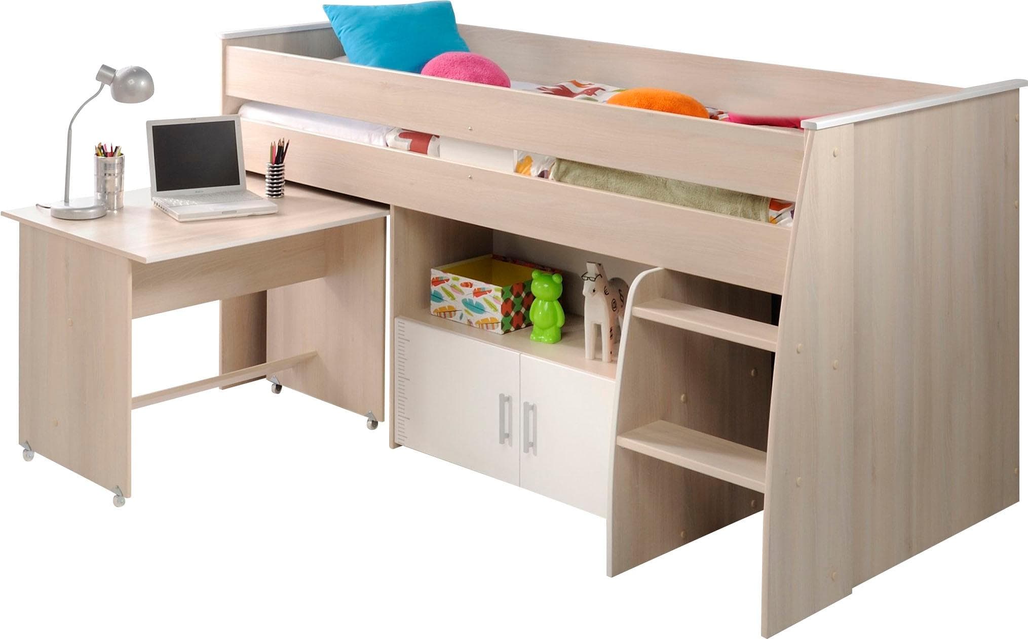 Parisot Hochbett Charly mit Schreibtisch und Stauraum Weiß