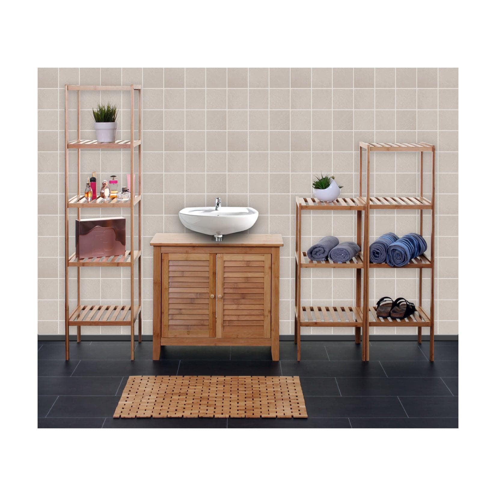 MCW Badezimmerset MCW-B18 Komplett Badmöbel Badset Badschrank Bambus