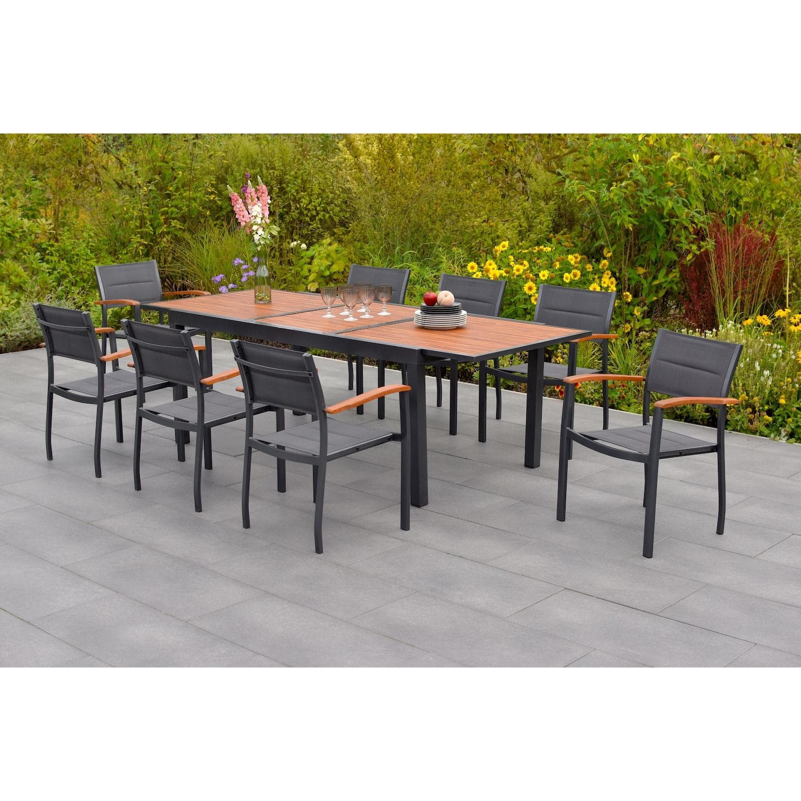 Merxx Paxos 9-tlg. Gartenmöbelset mit Ausziehtisch Grau Stapelbar