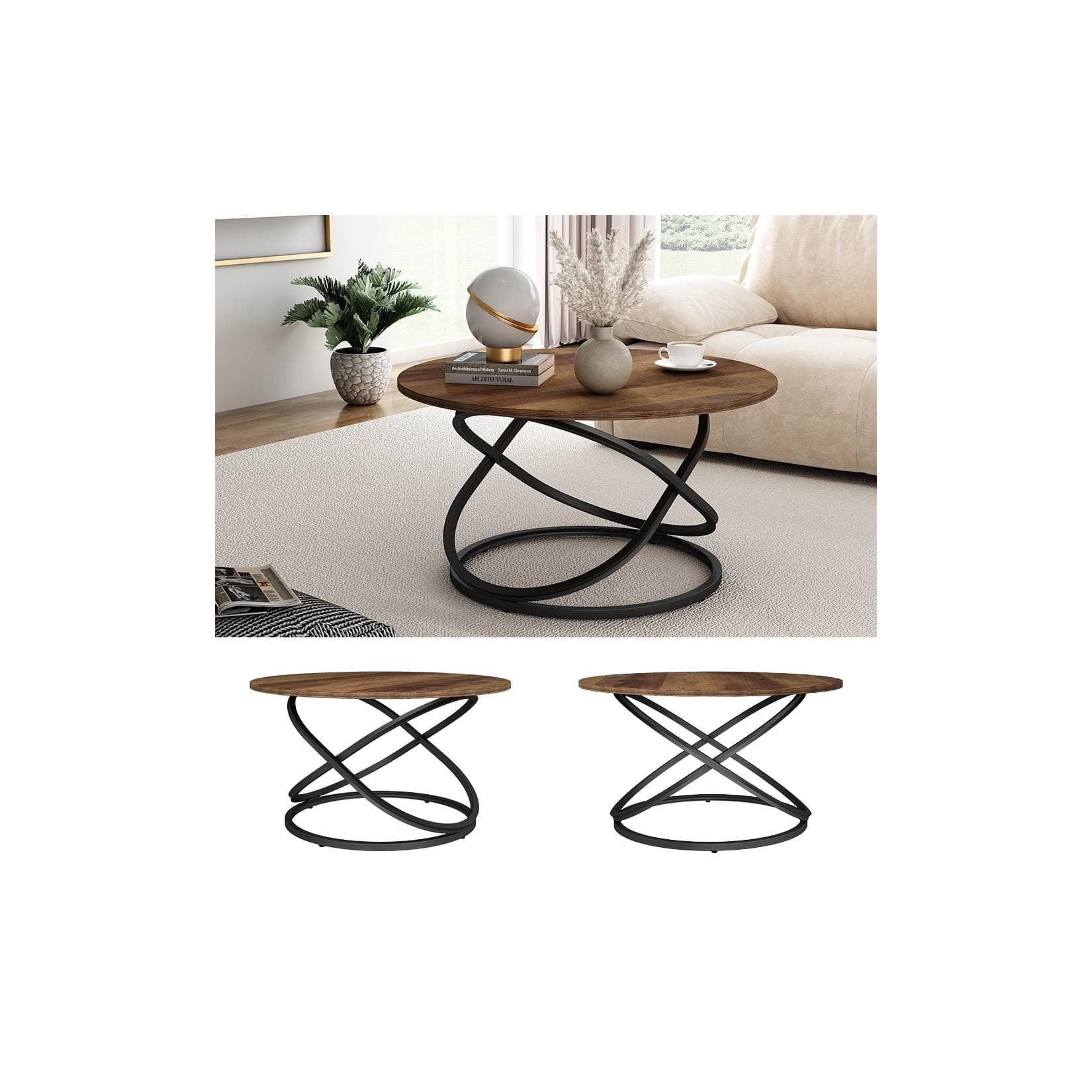 Vicco Couchtisch Calgary Antikholz/Schwarz mit großer Arbeitsfläche