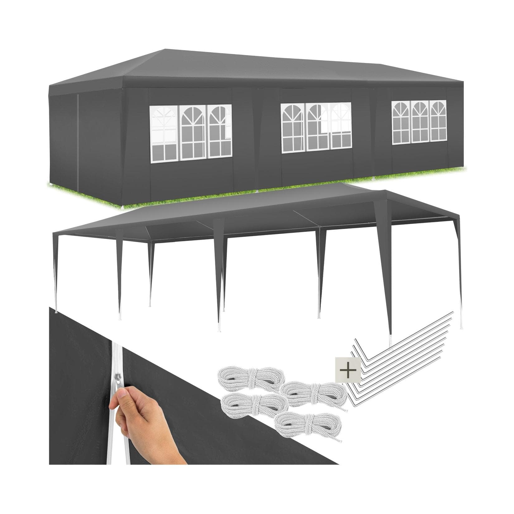 tectake Pavillon Miramas 9x3m mit 8 Seitenteilen Grau