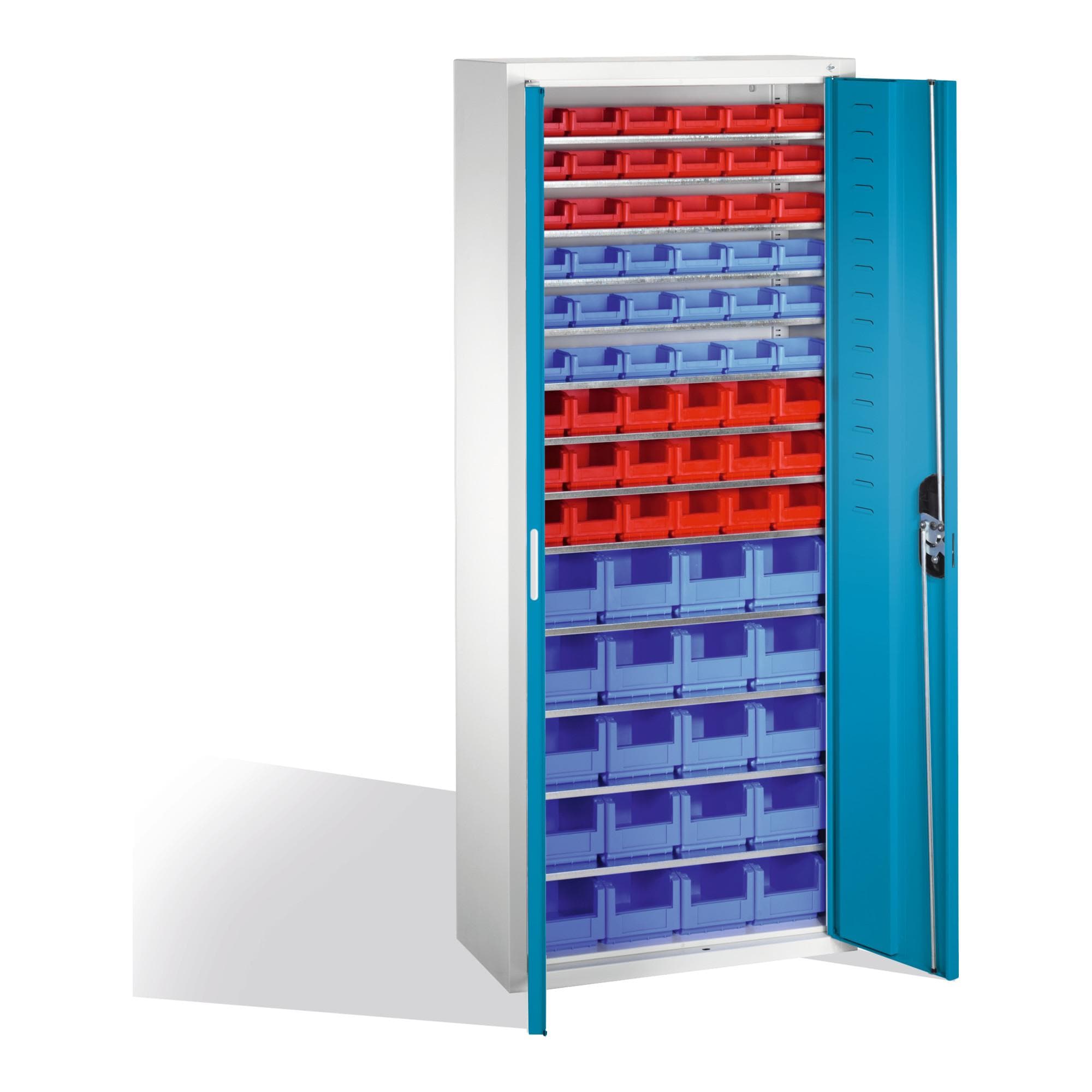 C+P Magazinschrank mit 74 Sichtlagerkästen, Stahlkonstruktion, Lichtblau/Grau