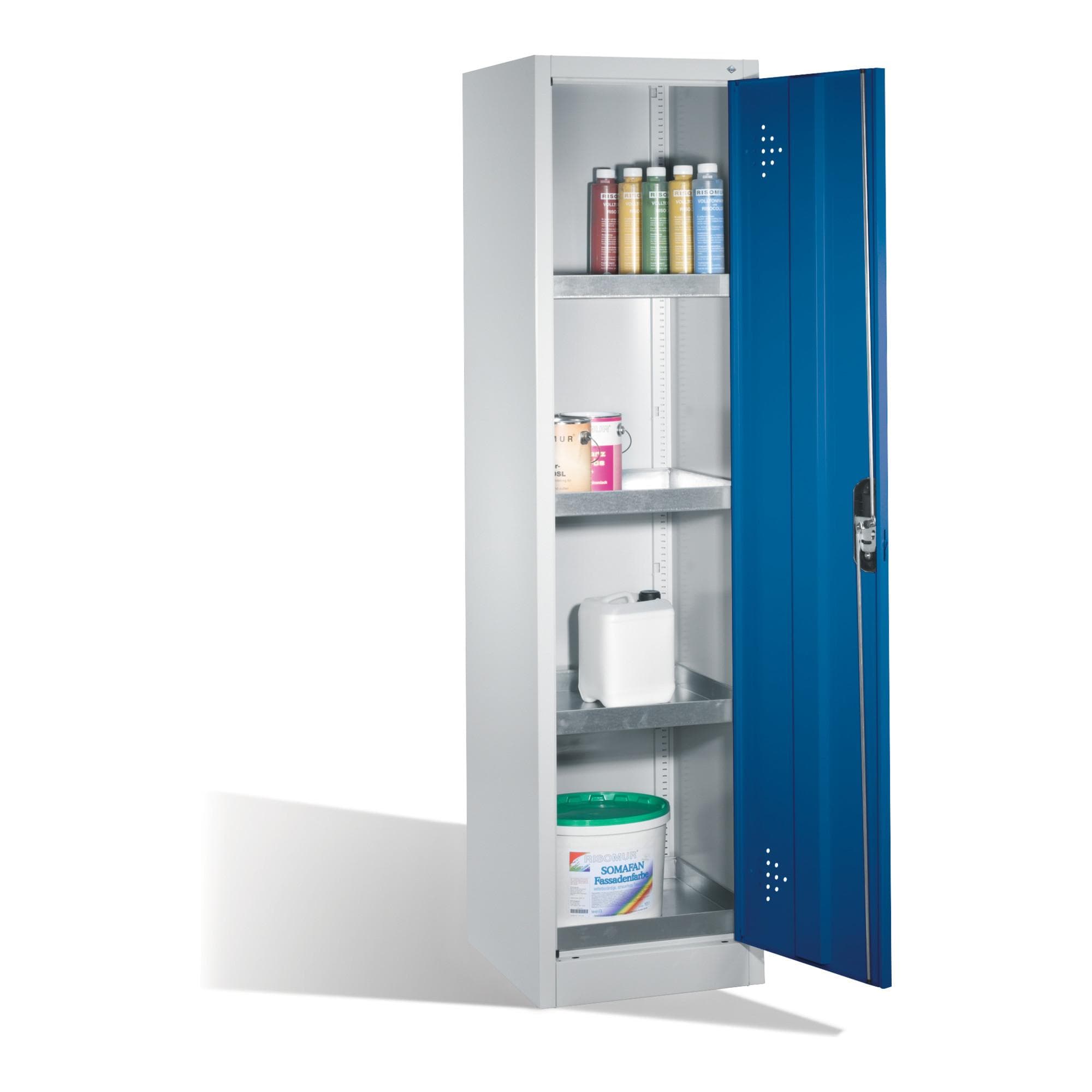 C+P Umweltschrank mit Drehtür, 4 Wannenböden, Enzianblau, Stahl
