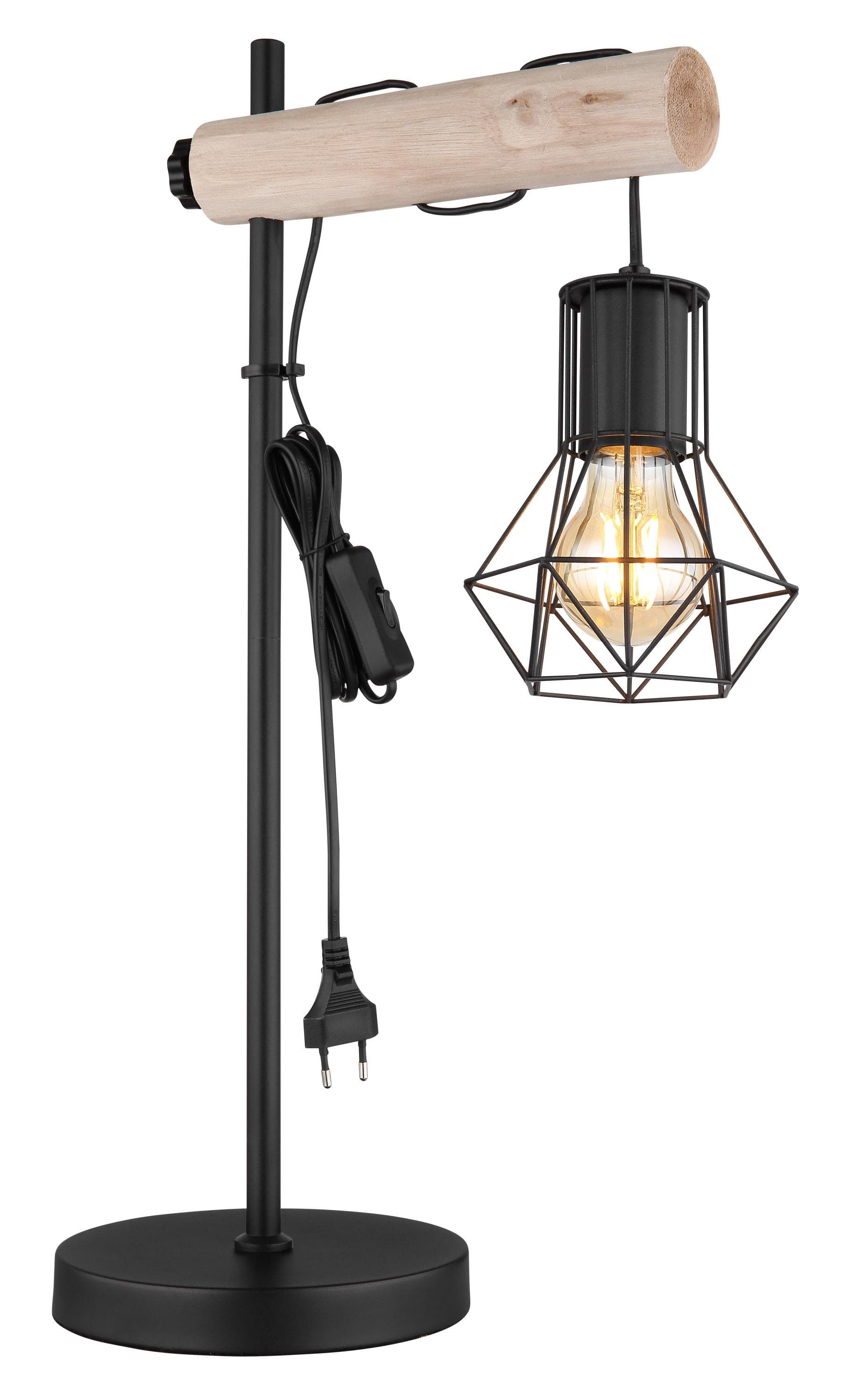 GLOBO LIGHTING Tischleuchte Metall Schwarz Matt mit Höhenverstellbarem Holzbalken