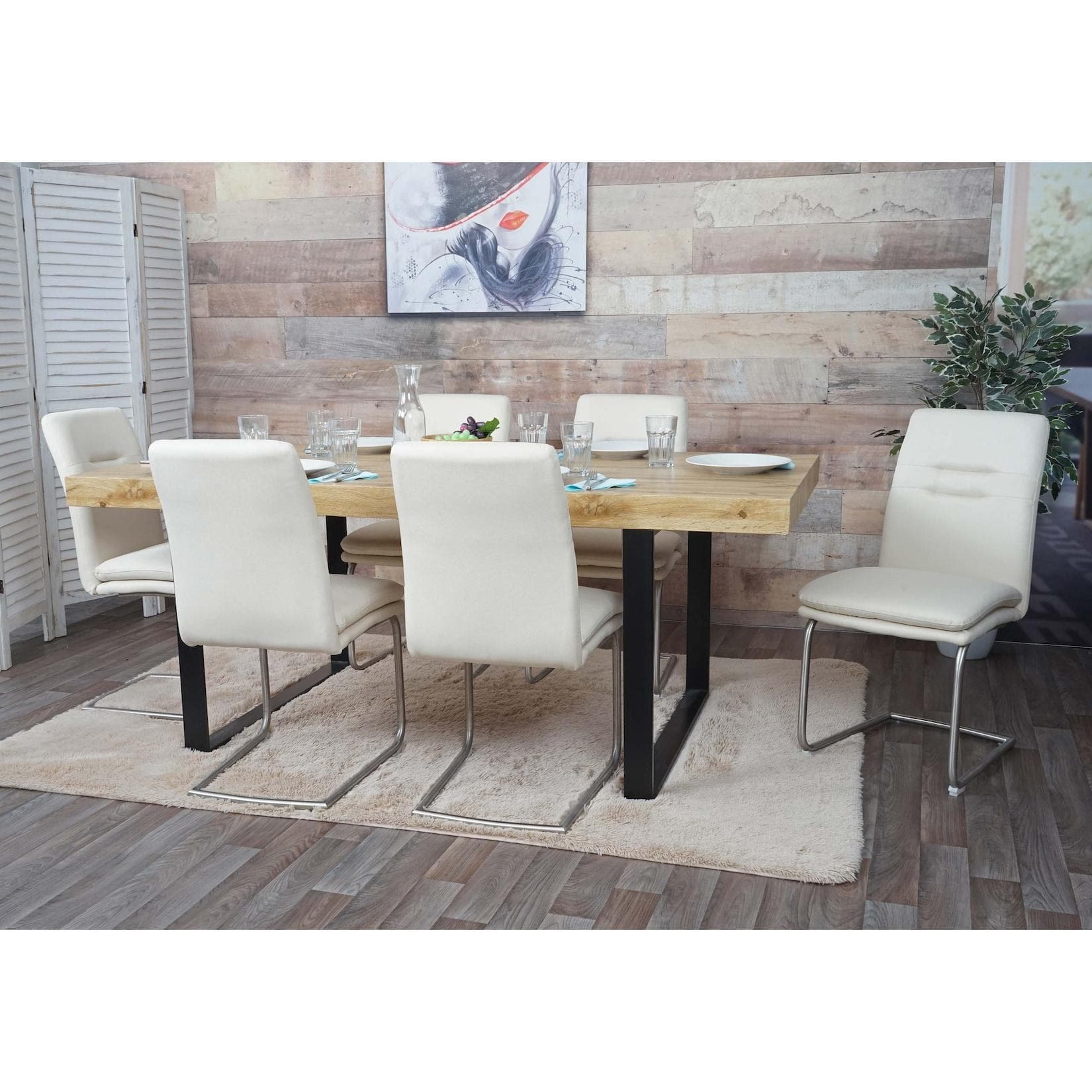 MCW 6er-Set Esszimmerstuhl Freischwinger Creme-beige Stoff/Edelstahl