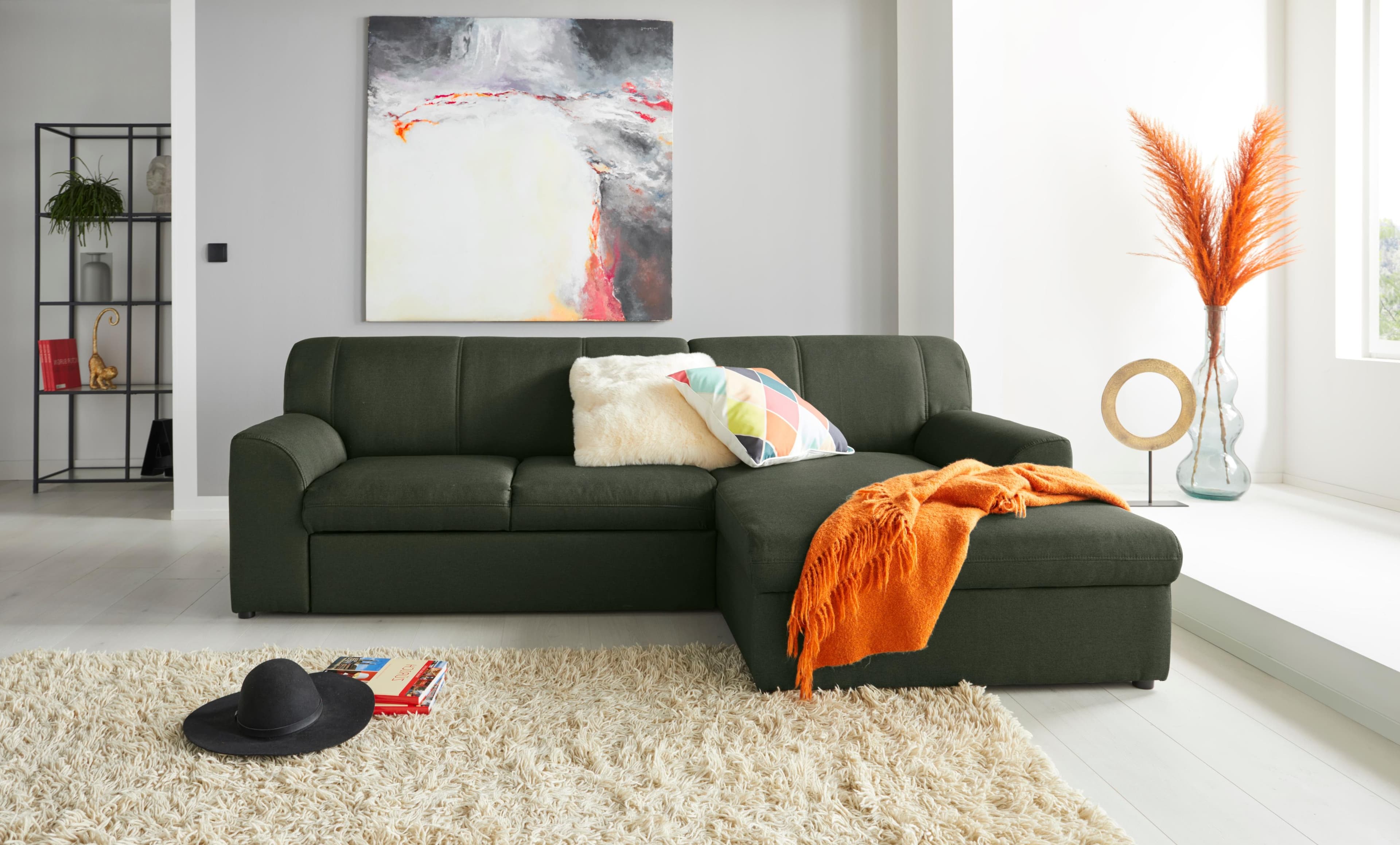 DOMO COLLECTION Ecksofa Topper Grün mit Schlaffunktion und Recamiere