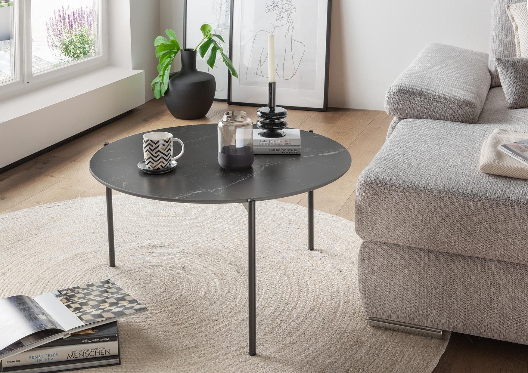 PAROLI Couchtisch Schwarz Keramik Runder Tisch