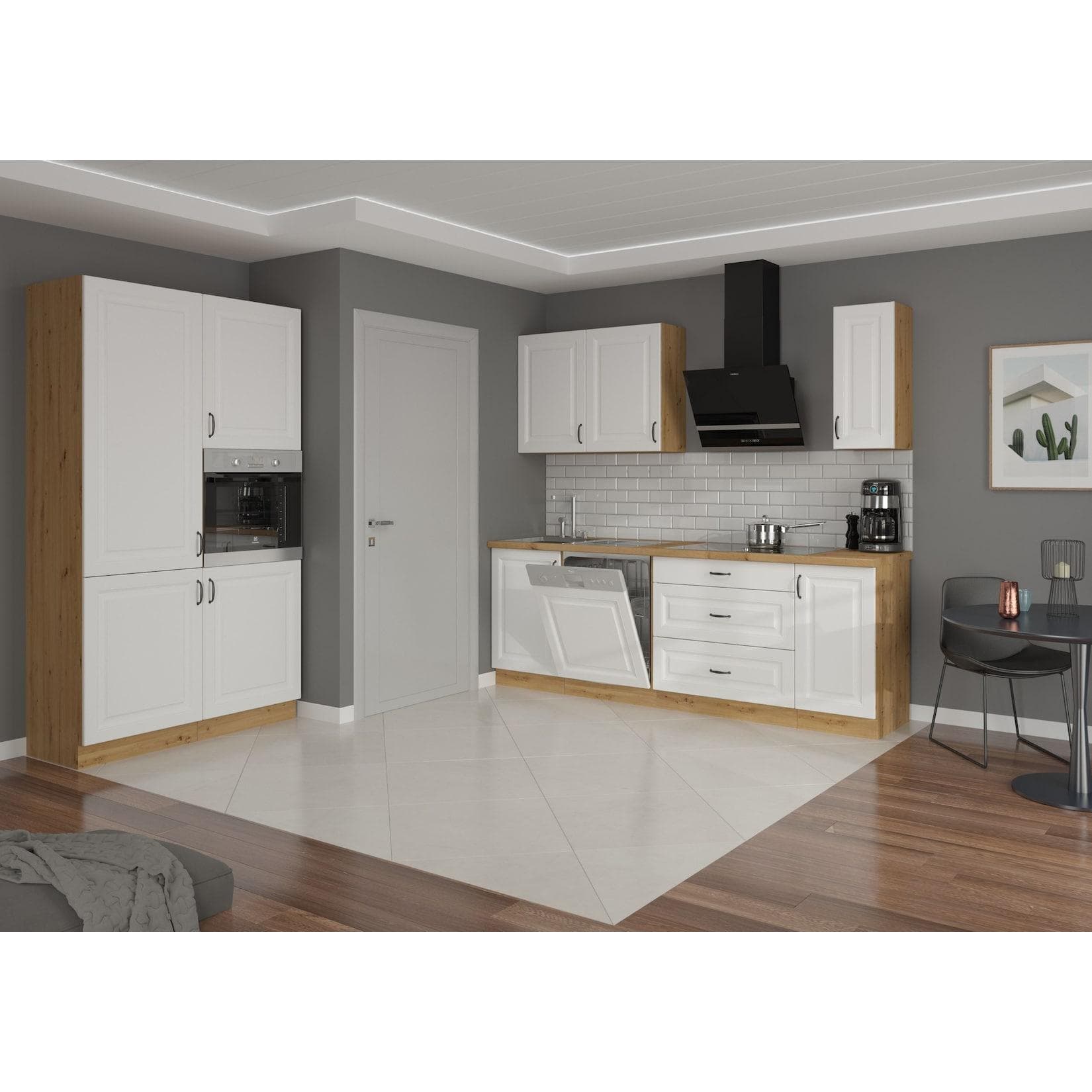 Küche Stilo Weiß + Eiche Artisan 230 + 120 Küchenzeile Einbauküche